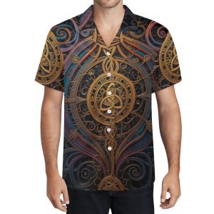 Camisa hawaiana de hombre con estampado geométrico celta dorado y fondo oscuro