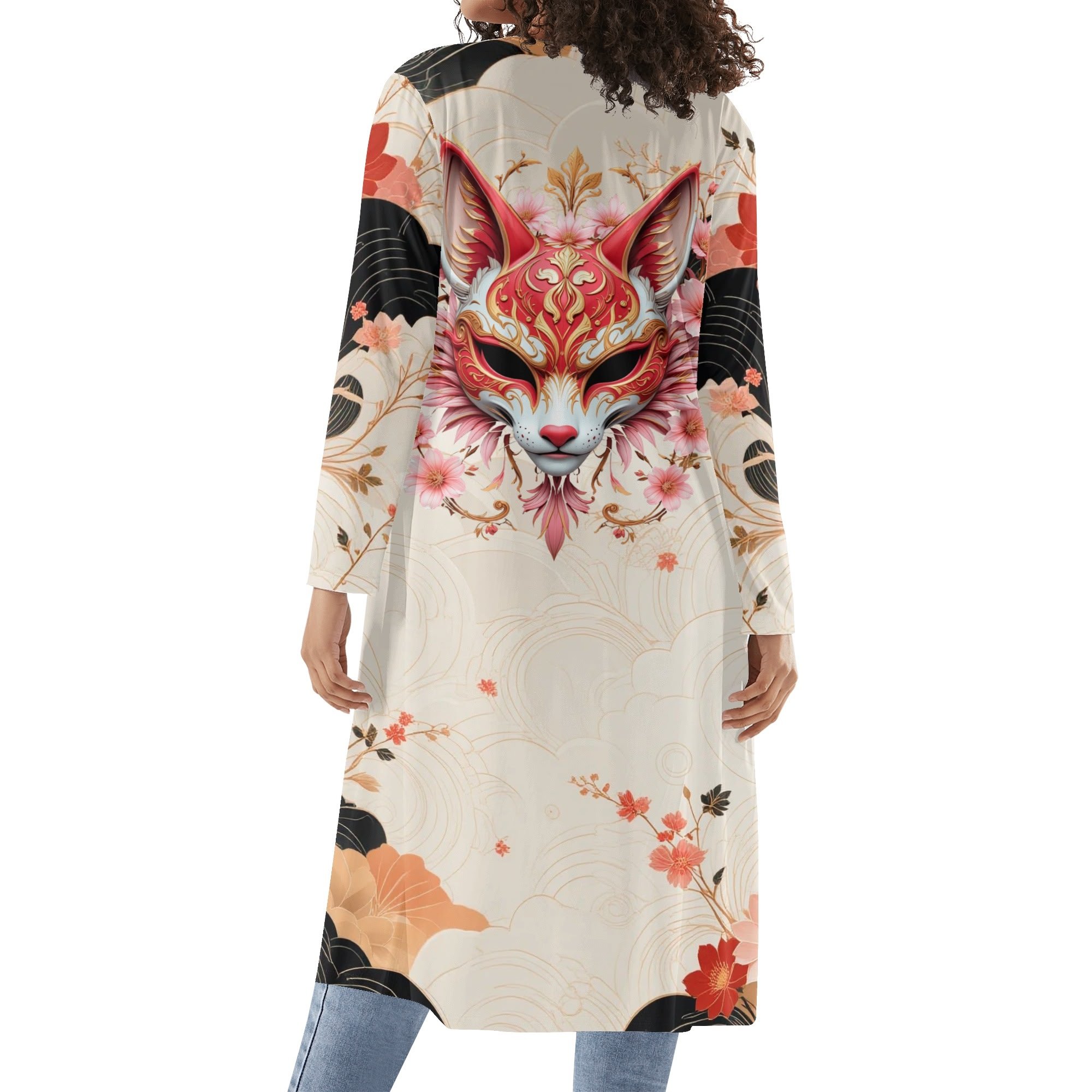 Women's Long Loose Lightweight Kitsune Kimono Cardigan for Spring and Summer