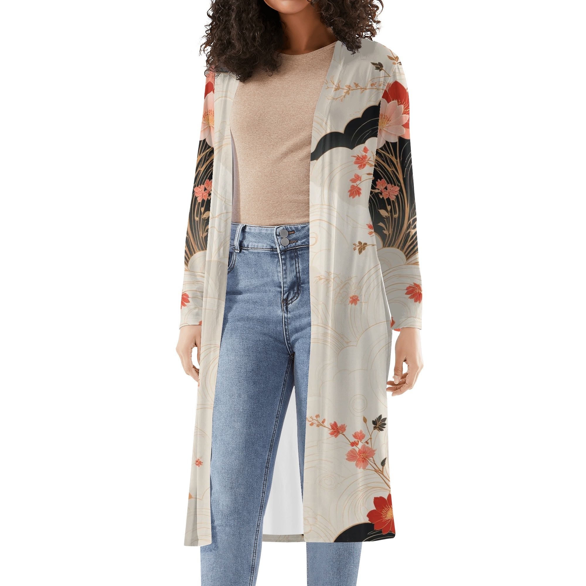 Women's Long Loose Lightweight Kitsune Kimono Cardigan for Spring and Summer
