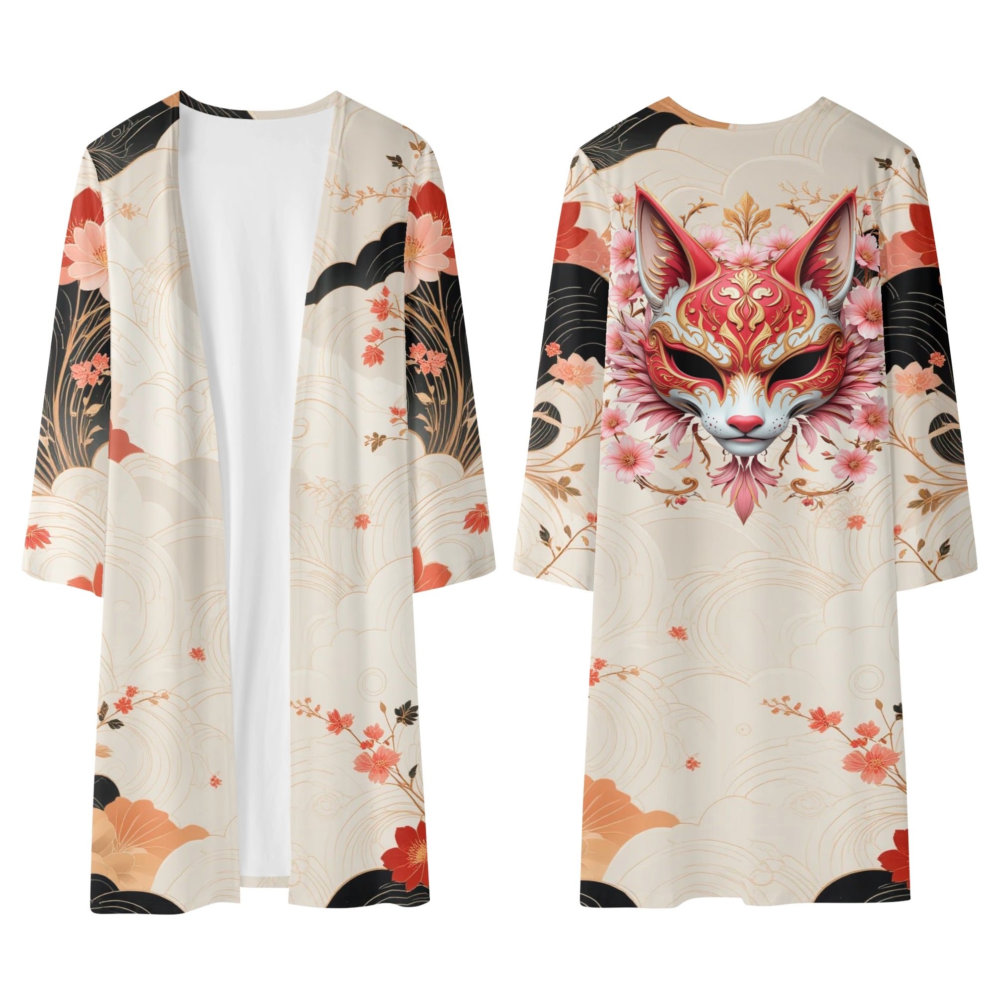 Women's Long Loose Lightweight Kitsune Kimono Cardigan for Spring and Summer