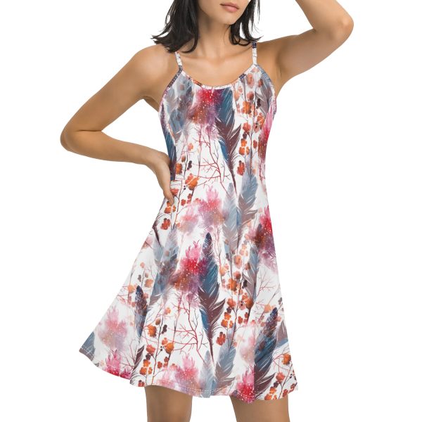 Boho chic style short summer dress with adjustable spaghetti straps, sleeveless and V-neck
