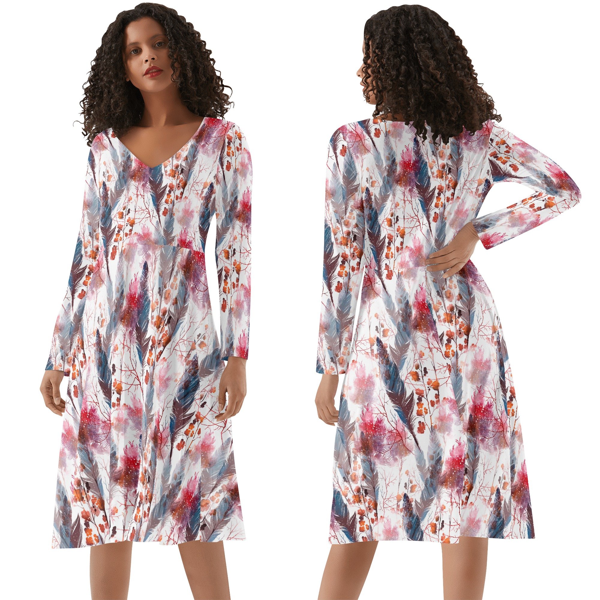 Women's V-neck Long Sleeve Ruffle Boho Chic Dress