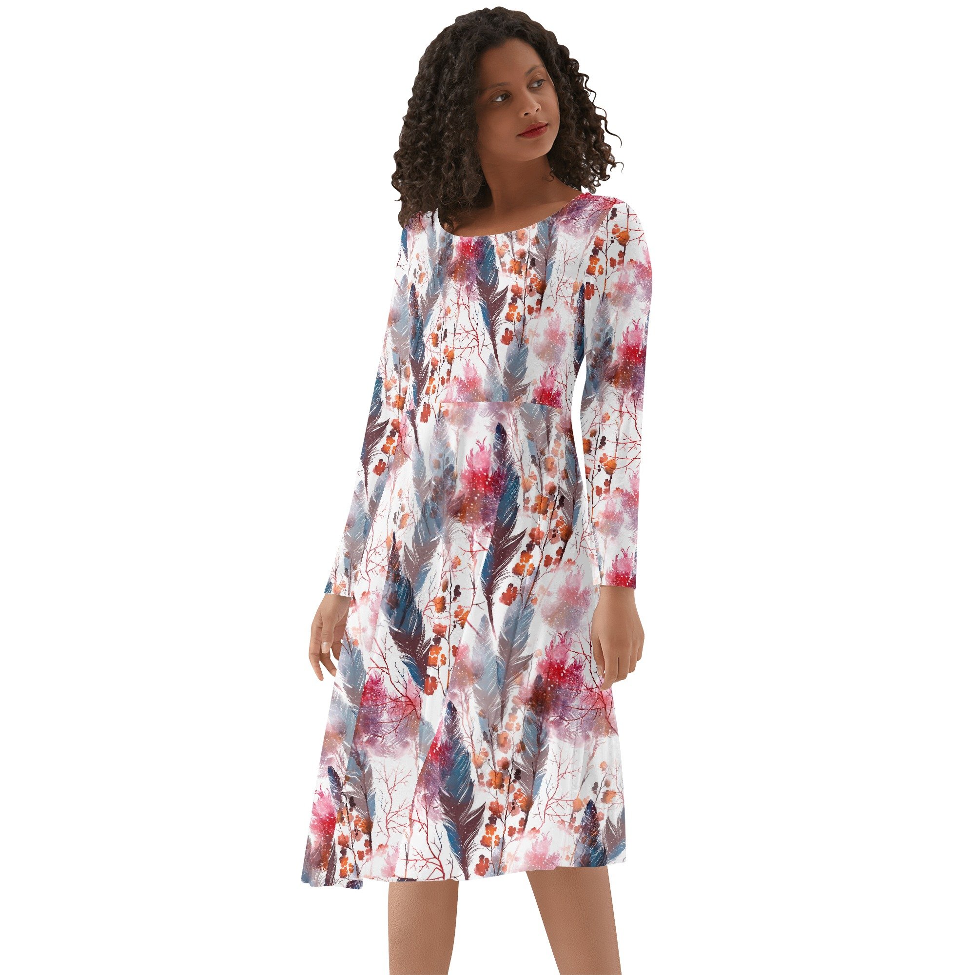 Women's Round Neck Long Sleeve Ruffle Boho Chic Dress