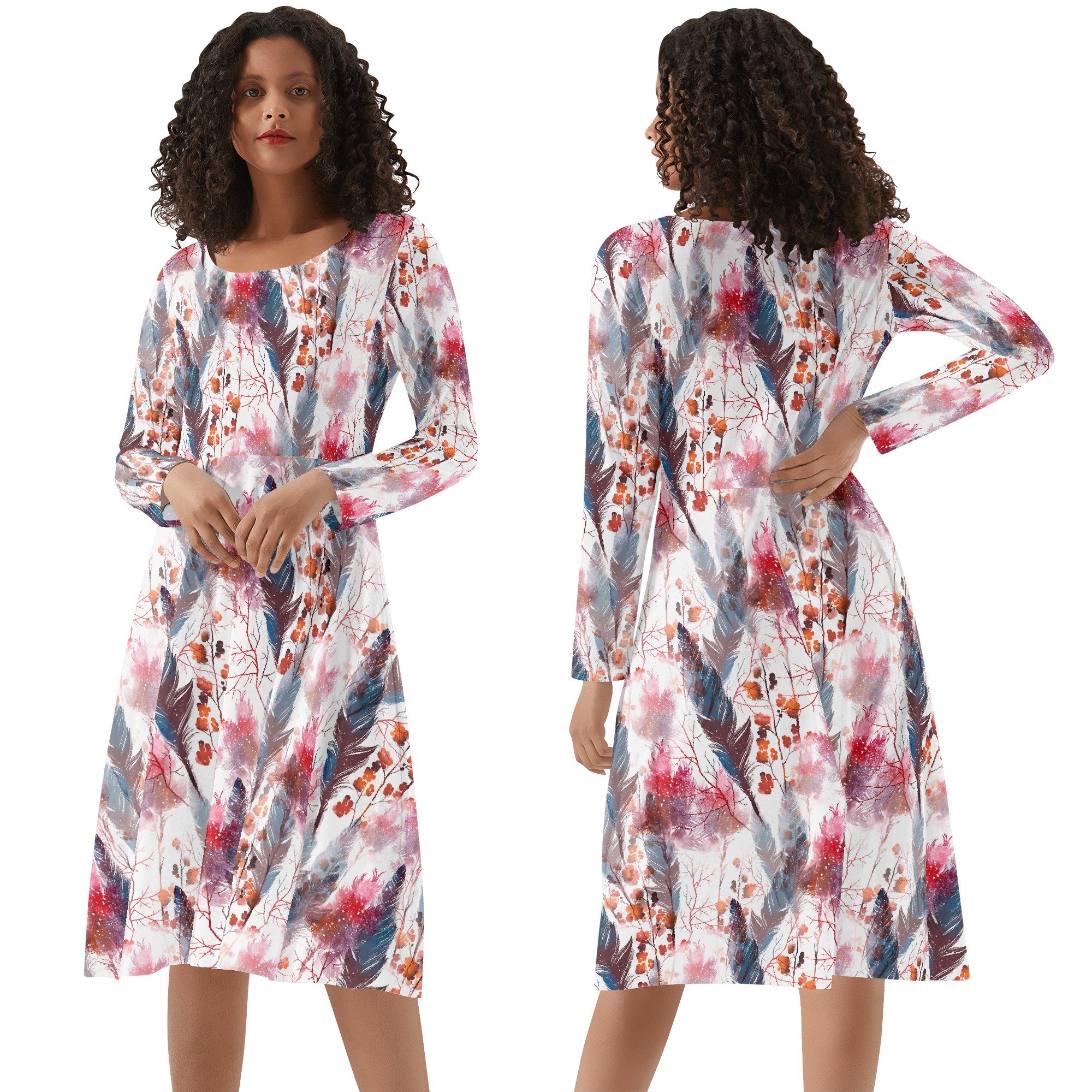 Women's Round Neck Long Sleeve Ruffle Boho Chic Dress