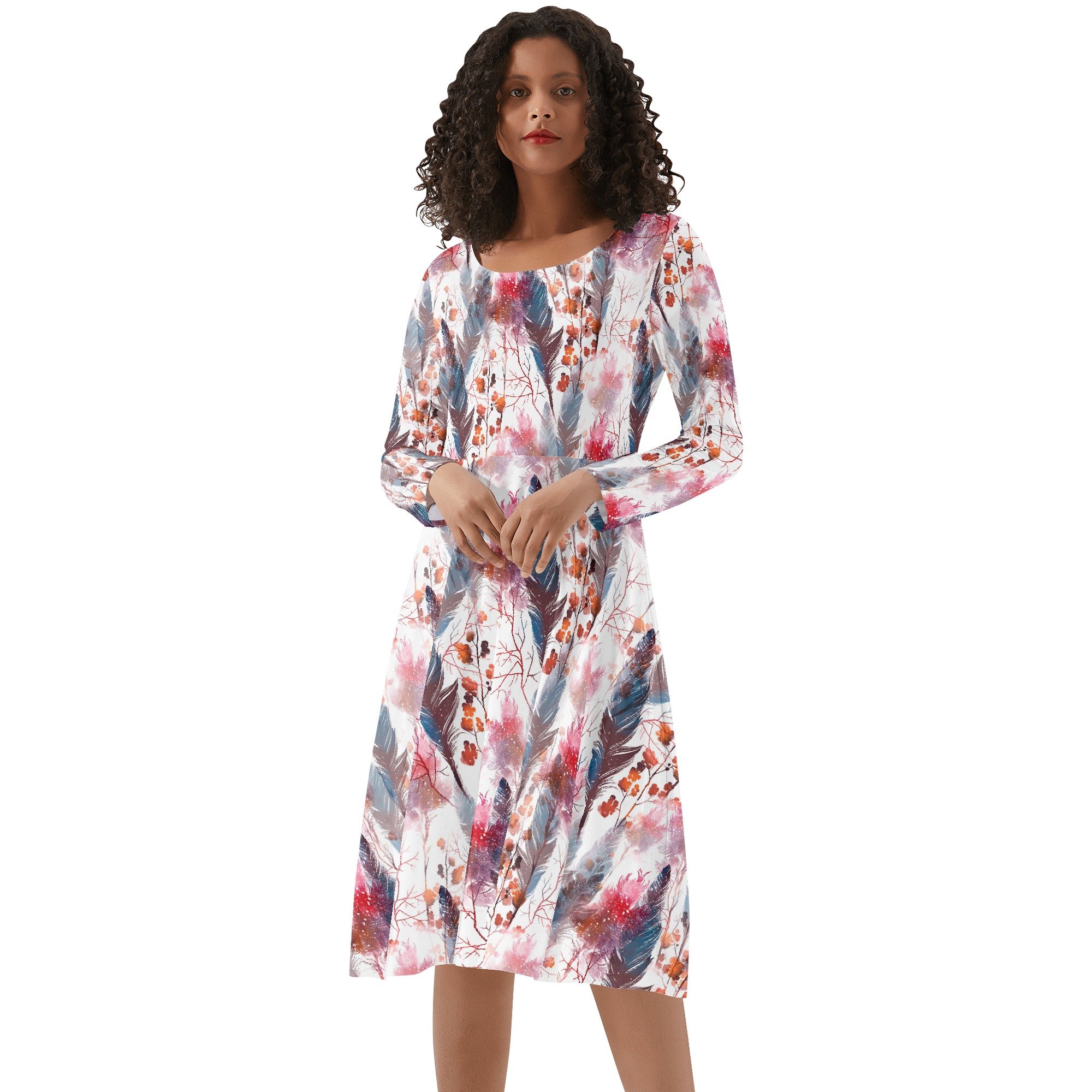 Women's Round Neck Long Sleeve Ruffle Boho Chic Dress