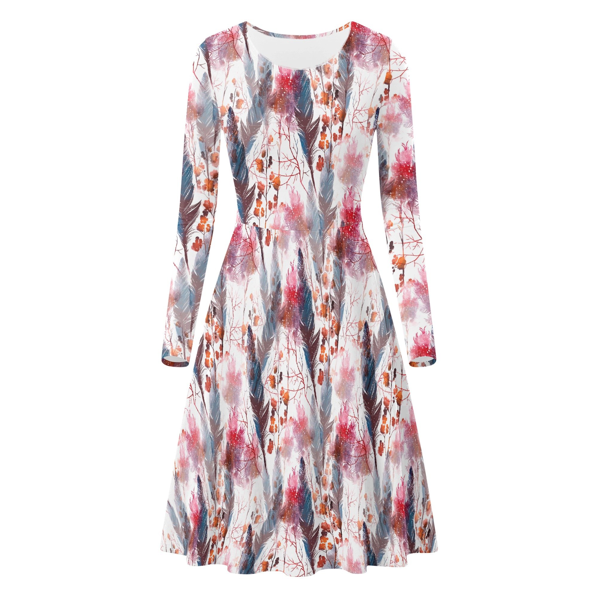 Women's Round Neck Long Sleeve Ruffle Boho Chic Dress