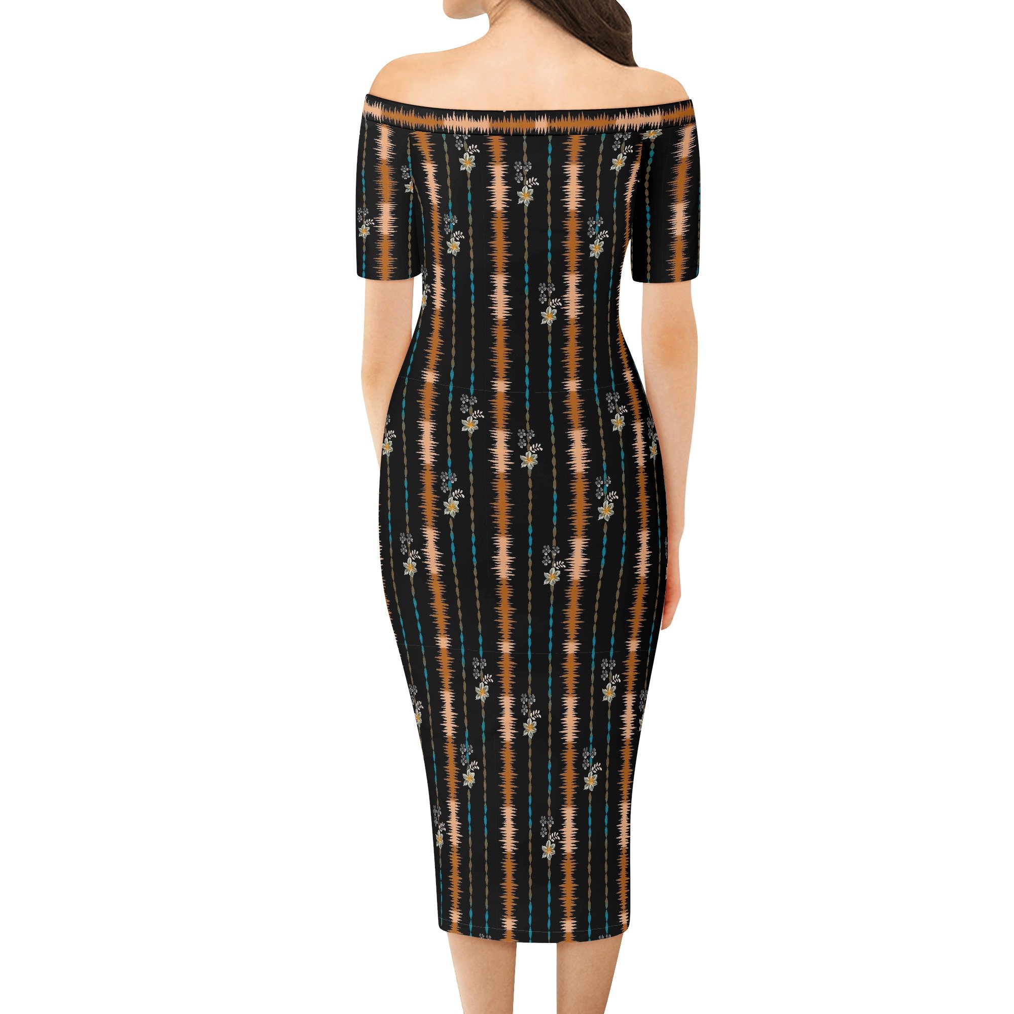 Vestido Midi Estampado Étnico con Hombros Descubiertos