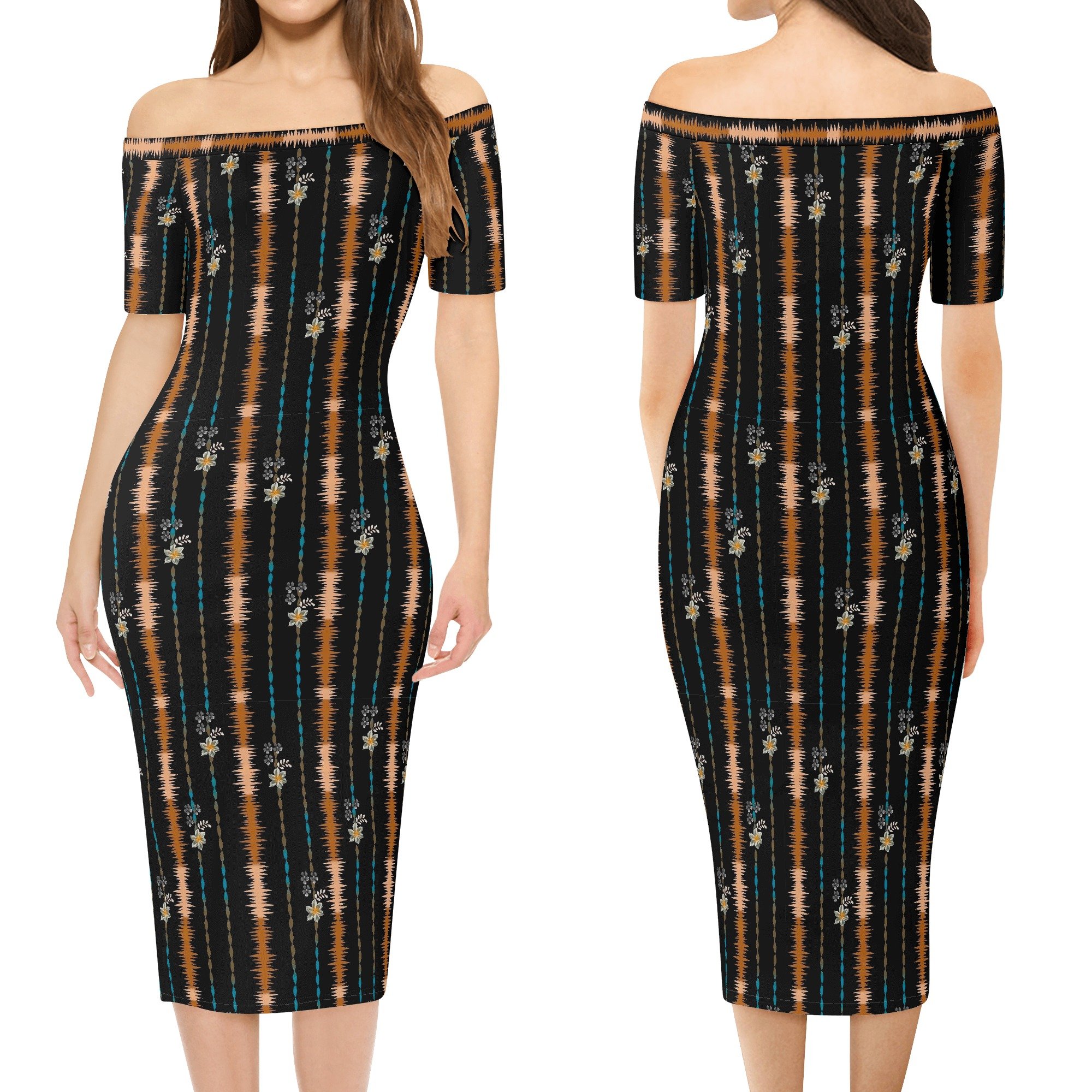 Vestido Midi Estampado Étnico con Hombros Descubiertos