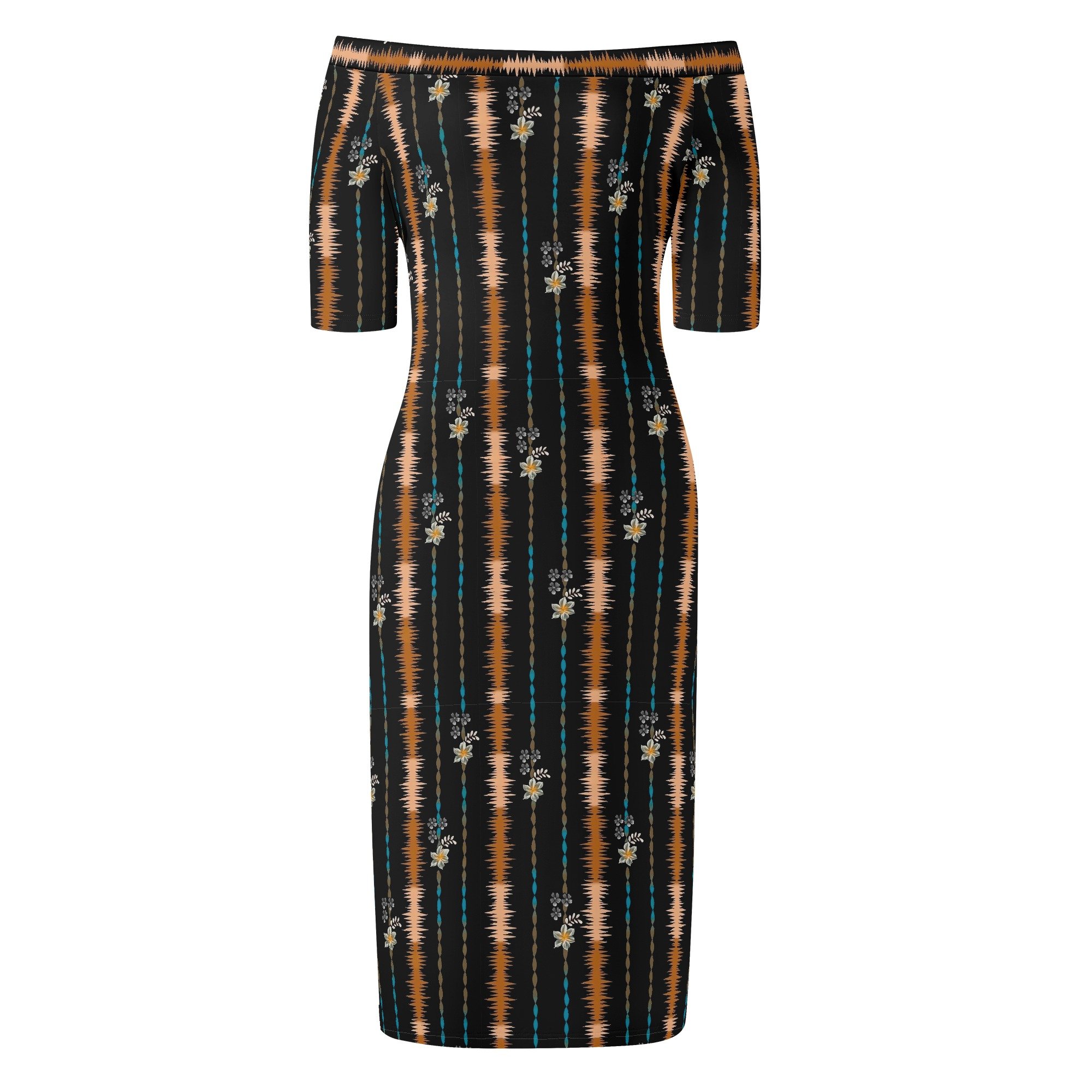 Vestido Midi Estampado Étnico con Hombros Descubiertos