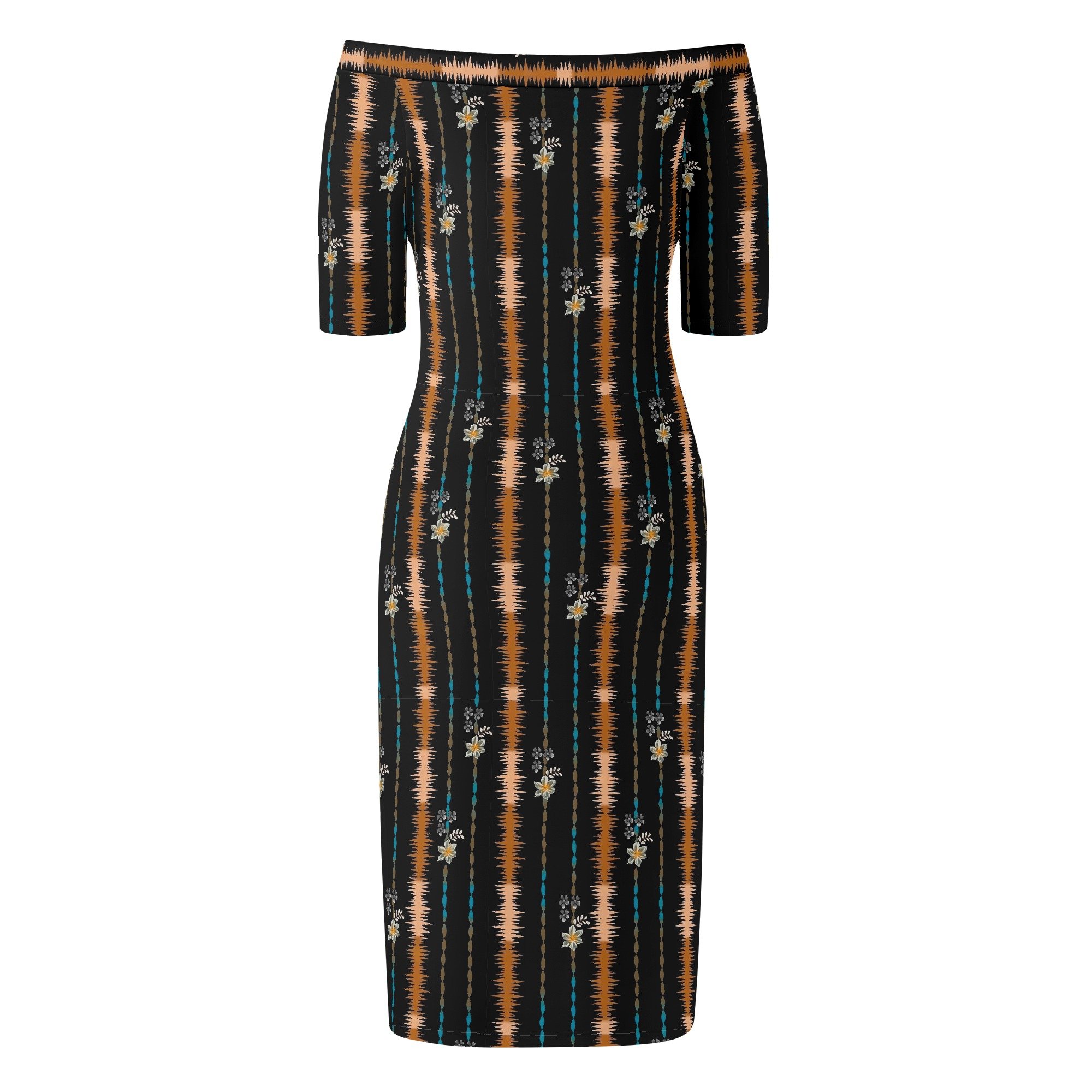 Vestido Midi Estampado Étnico con Hombros Descubiertos