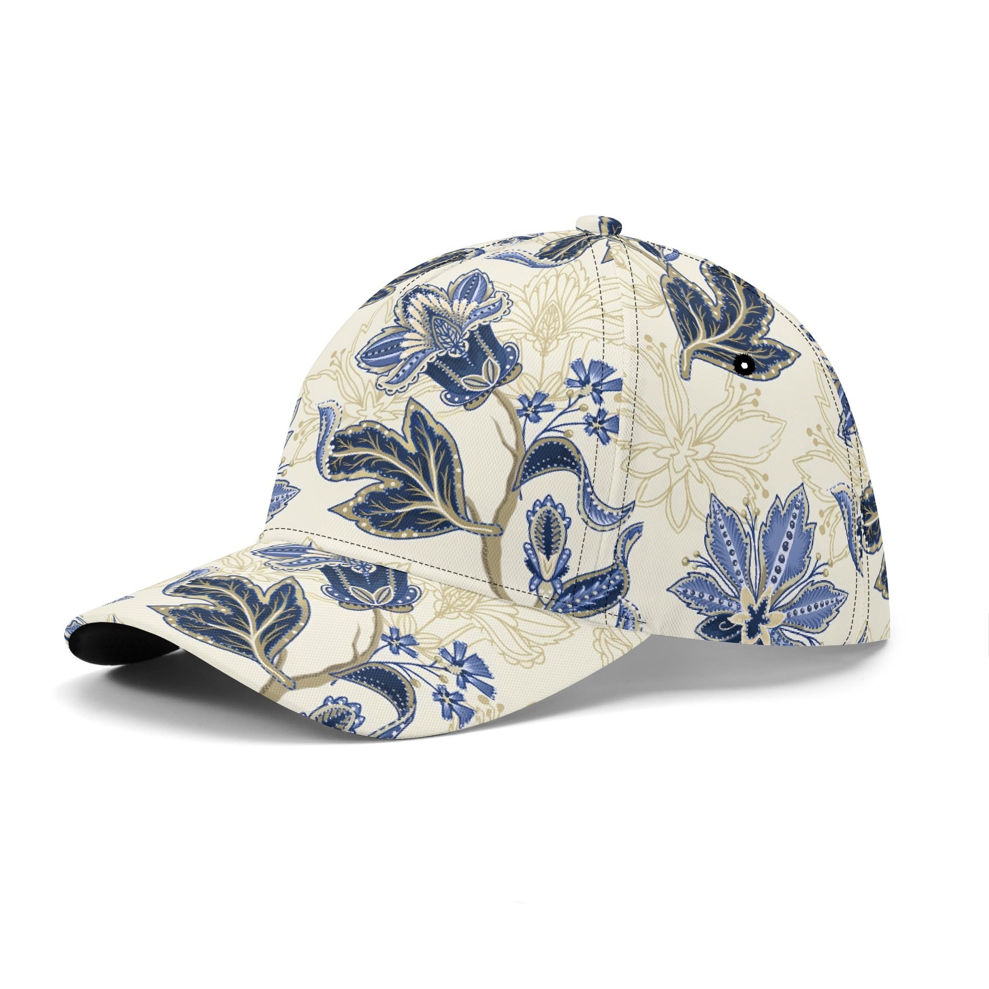 Gorra de béisbol con estampado floral vintage en azul y dorado, mostrando detalles de paisley y visera pre-curvada para protección solar.