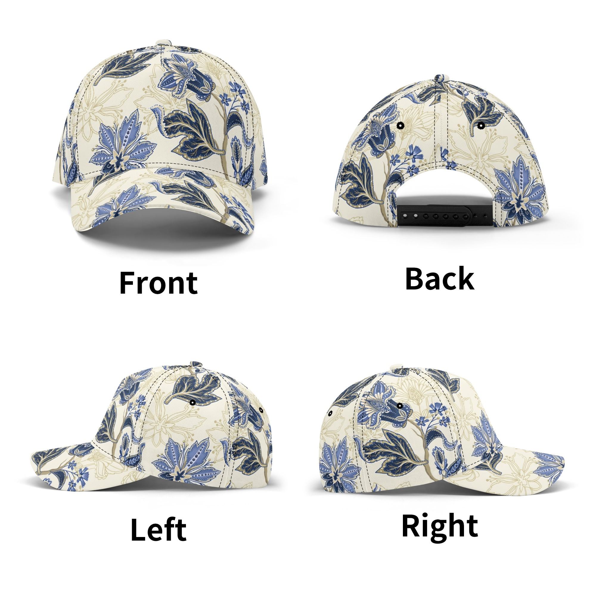 Gorra de béisbol con estampado floral vintage en azul y dorado, mostrando detalles de paisley y visera pre-curvada para protección solar.