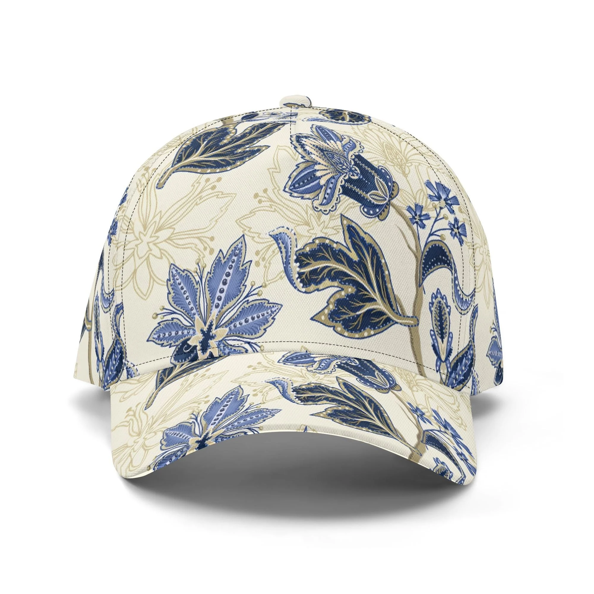 Gorra de béisbol con estampado floral vintage en azul y dorado, mostrando detalles de paisley y visera pre-curvada para protección solar.