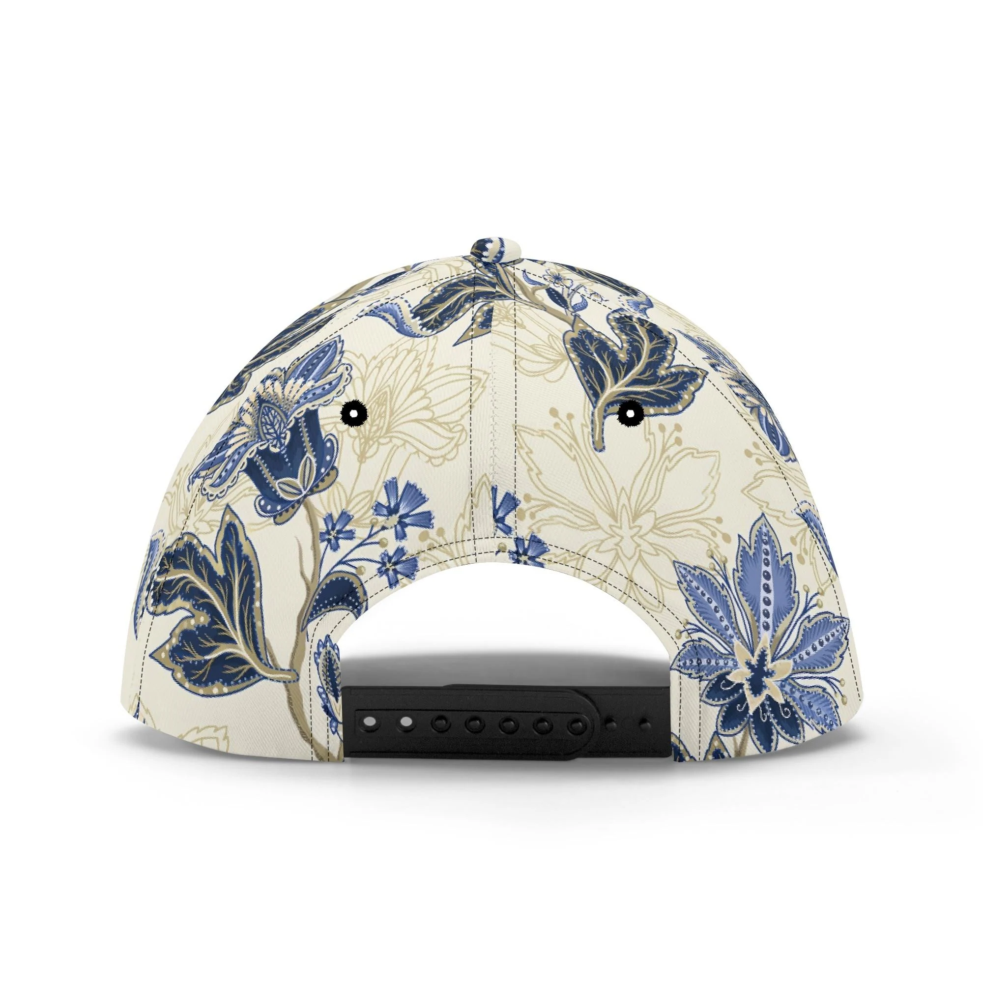Gorra de béisbol con estampado floral vintage en azul y dorado, mostrando detalles de paisley y visera pre-curvada para protección solar.