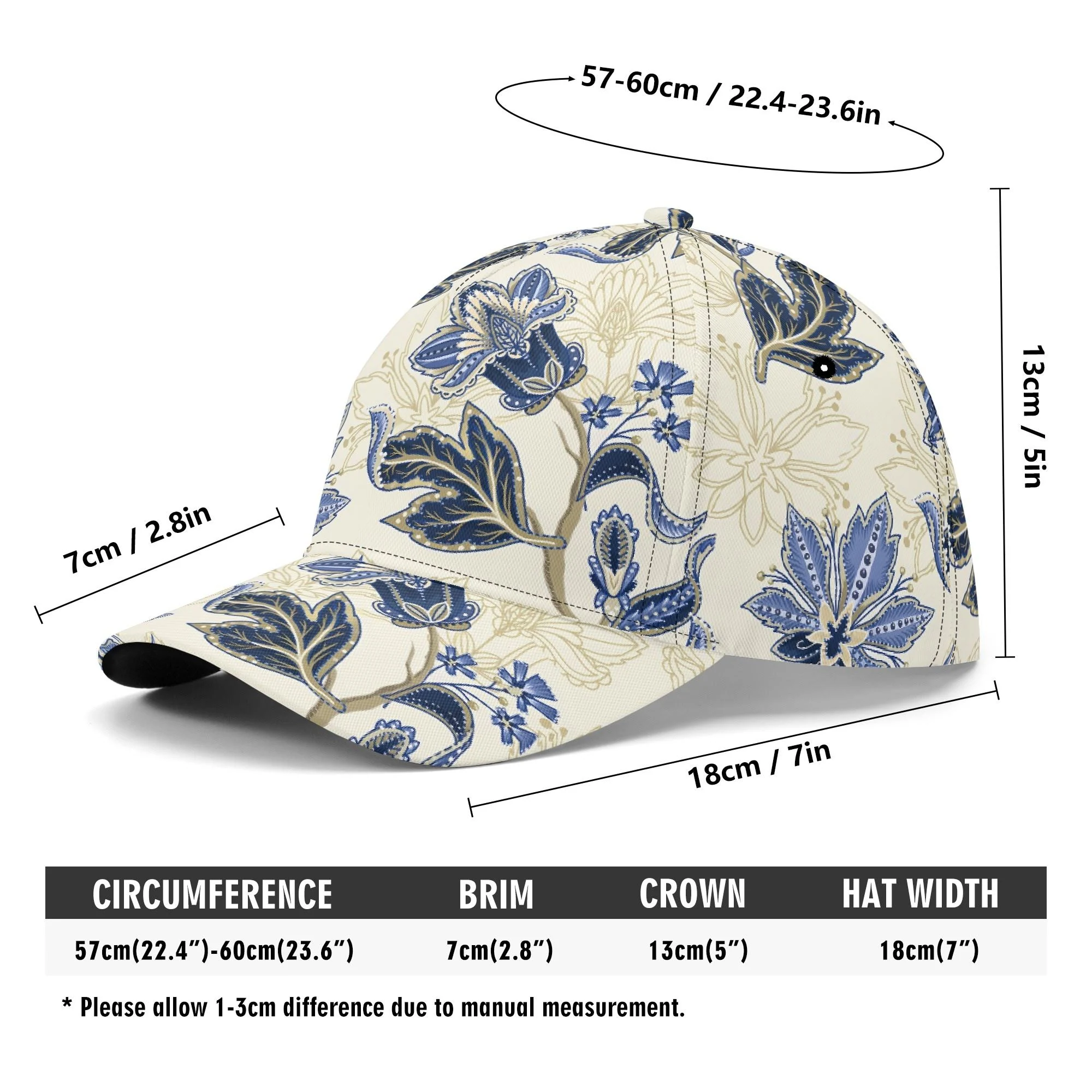 Gorra de béisbol con estampado floral vintage en azul y dorado, mostrando detalles de paisley y visera pre-curvada para protección solar.