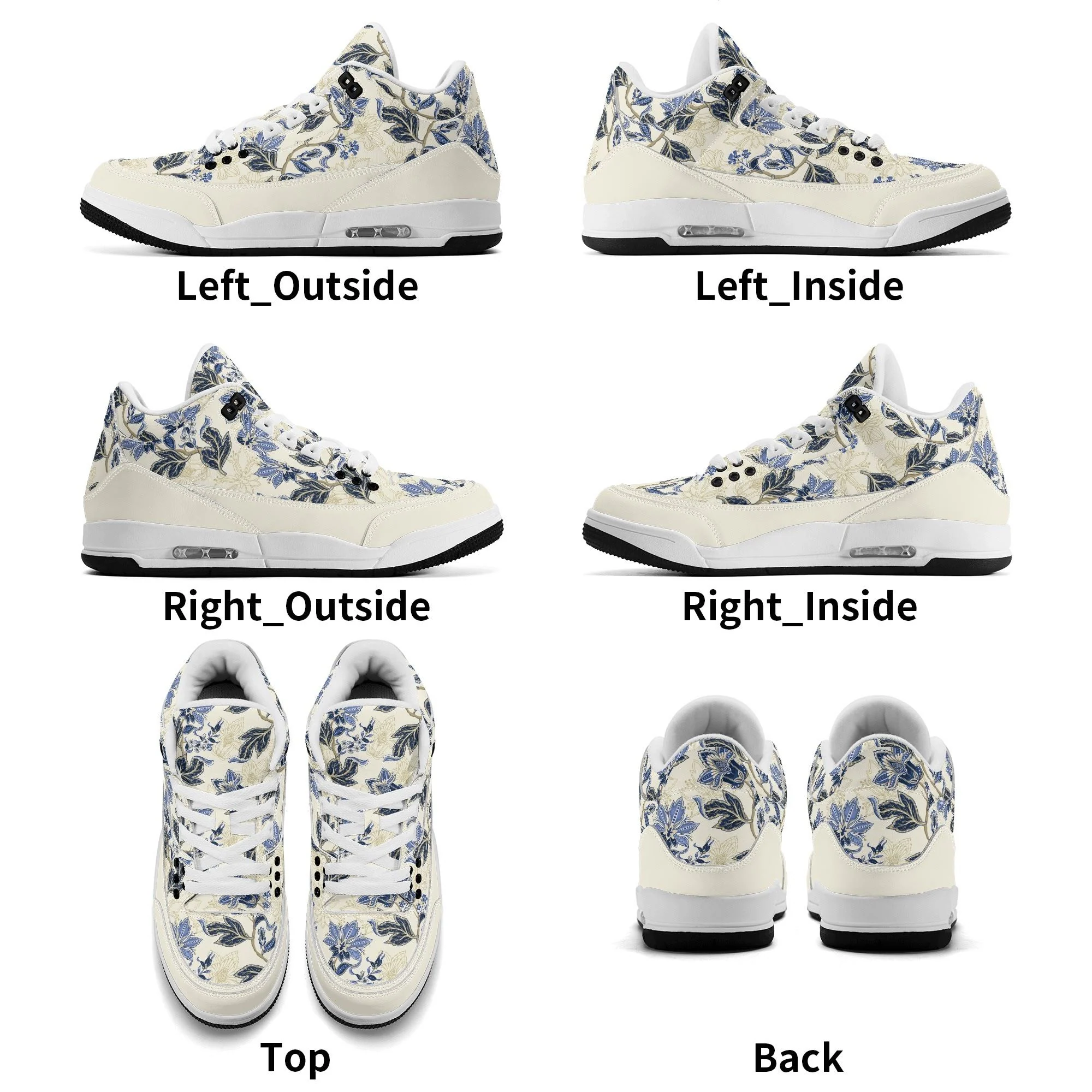 Zapatillas retro de baloncesto en color crudo con estampado floral vintage en azul y dorado, mostrando tobillo alto acolchado y suela antideslizante.