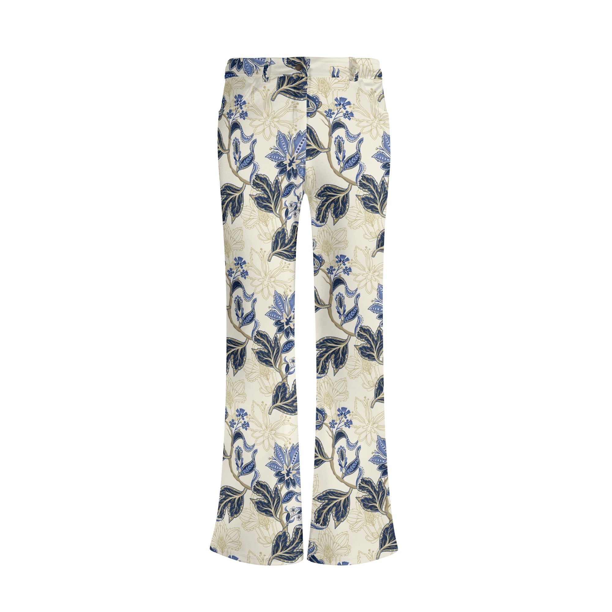 Pantalones flare con estampado floral vintage en azul y dorado sobre fondo crema, mostrando corte favorecedor y bolsillos frontales.