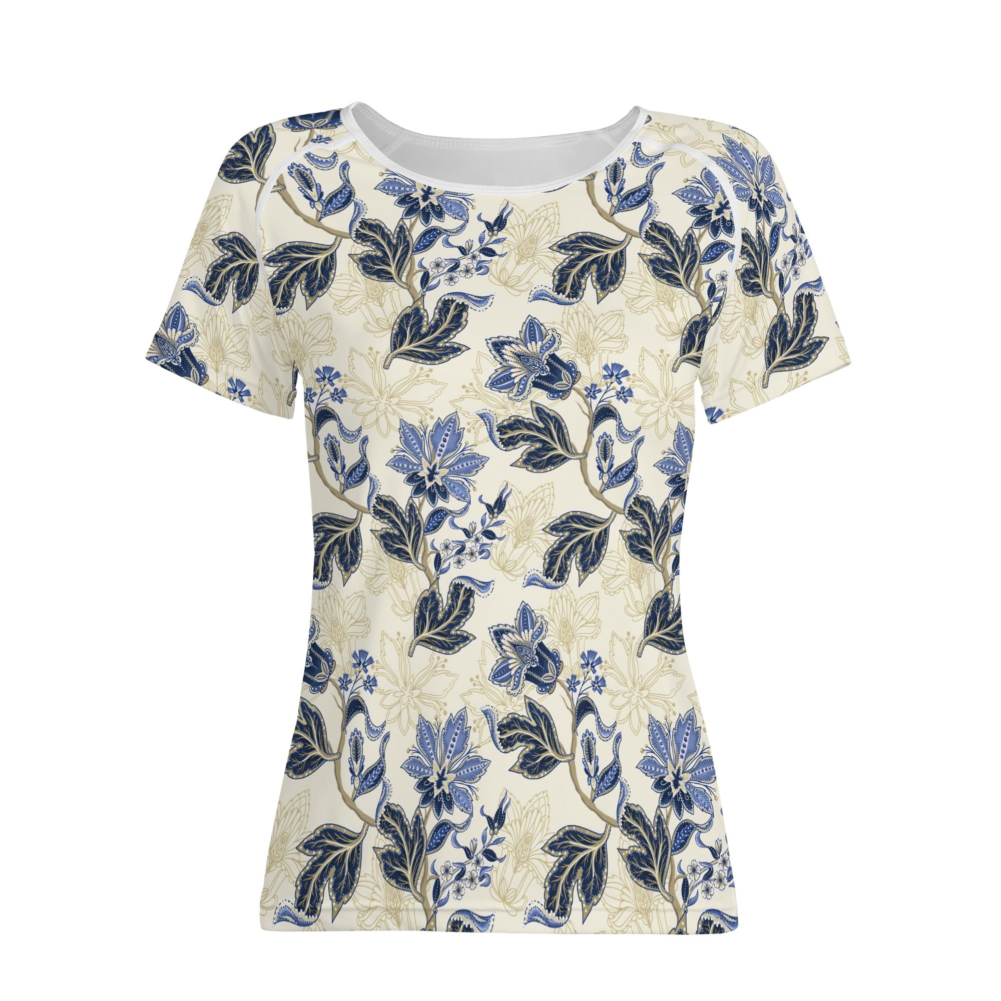 Camiseta de manga corta con estampado floral vintage en azul y dorado sobre fondo crema, mostrando costuras reforzadas y diseño único.