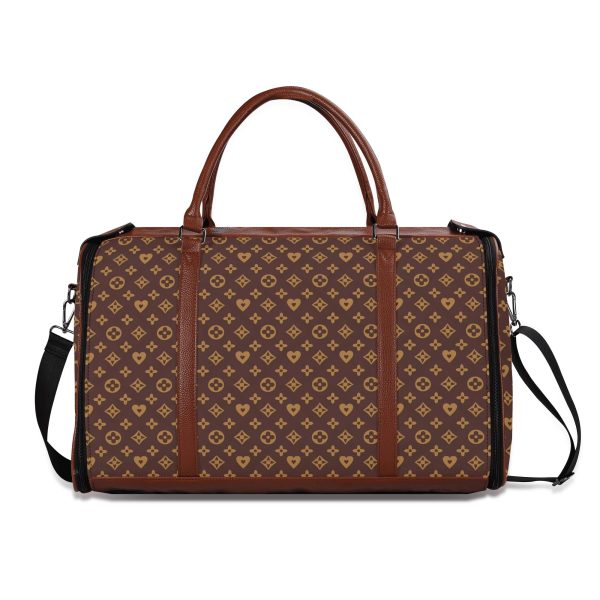 Bolso de viaje plegable en piel PU con estampado floral en marrón y dorado, mostrando compartimentos internos y cremalleras metálicas.