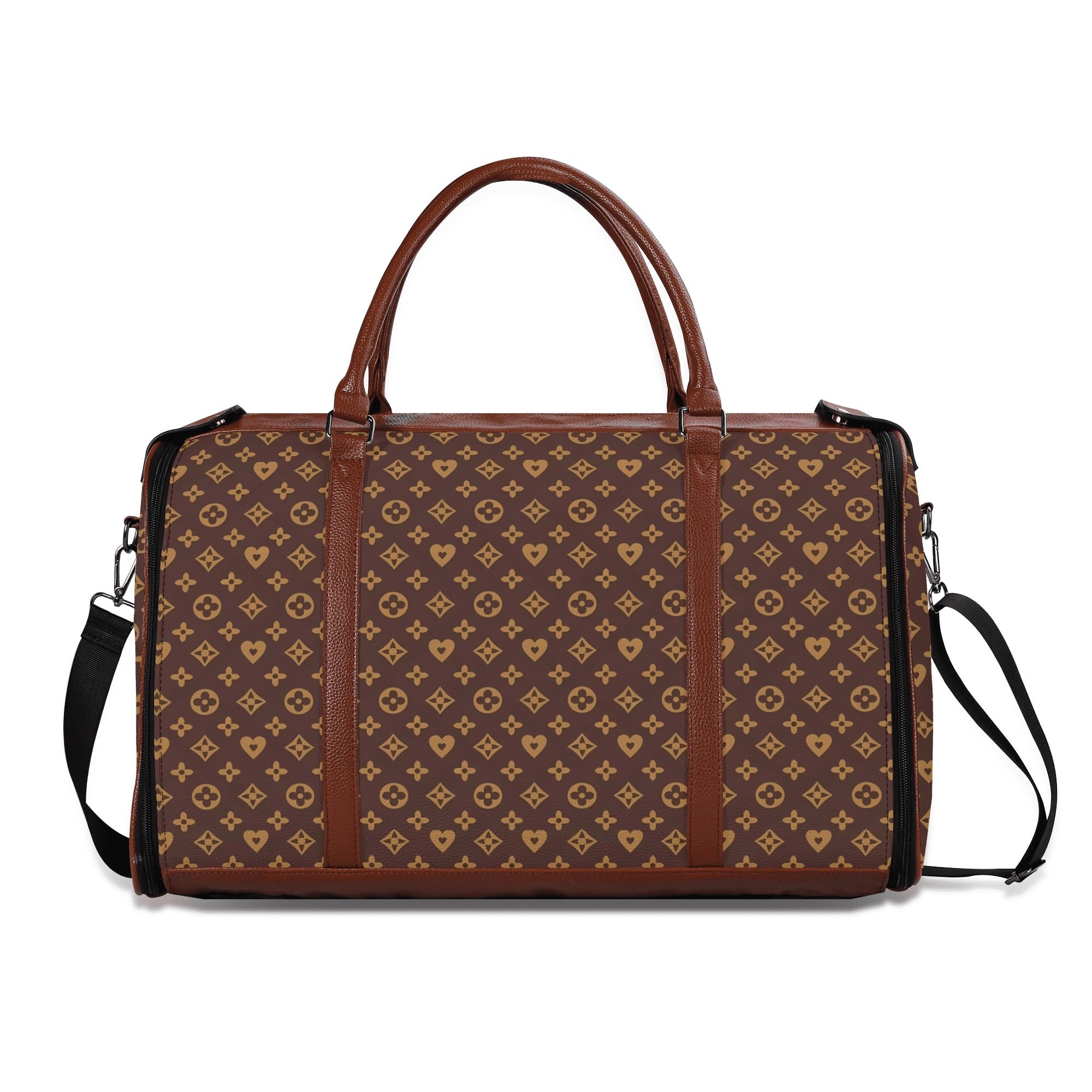 Bolso de viaje plegable en piel PU con estampado floral en marrón y dorado, mostrando compartimentos internos y cremalleras metálicas.