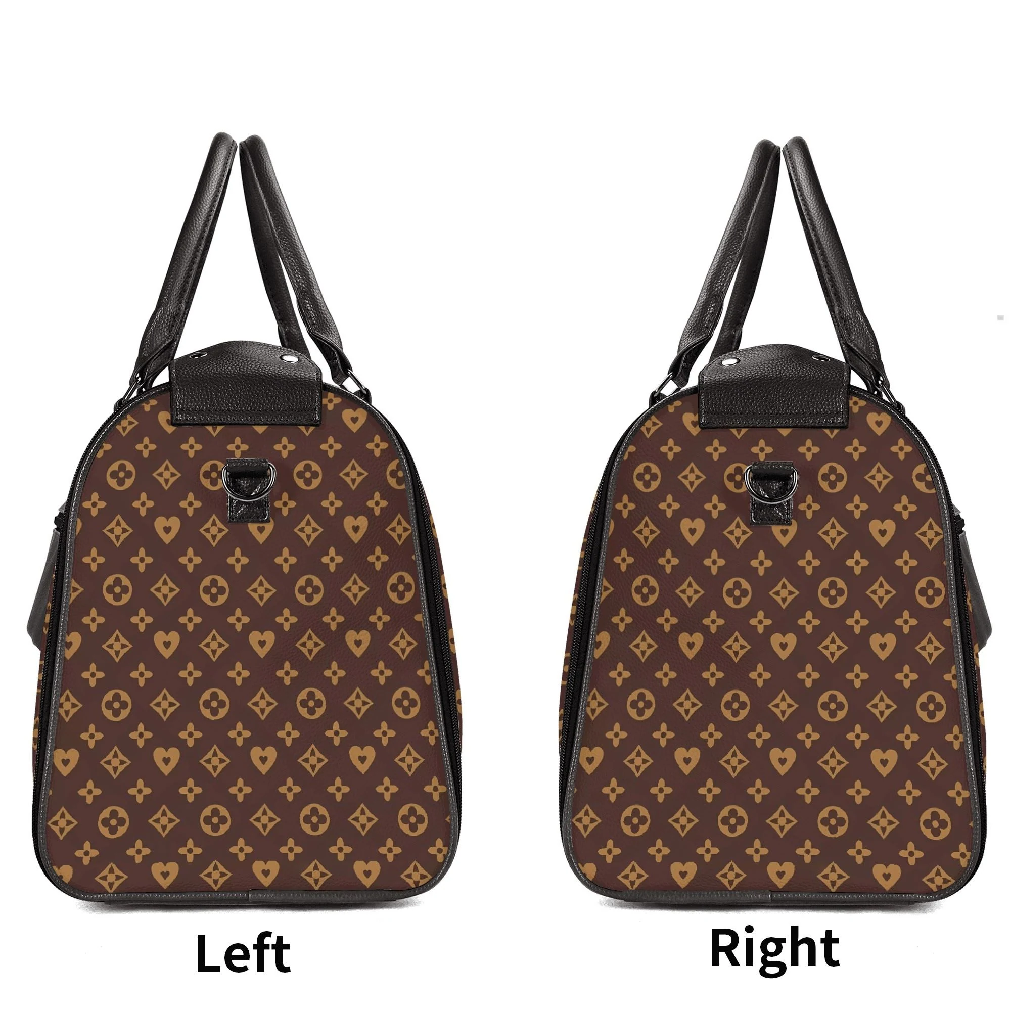 Bolso de viaje plegable en piel PU con estampado floral en marrón y dorado, mostrando compartimentos internos y cremalleras metálicas.