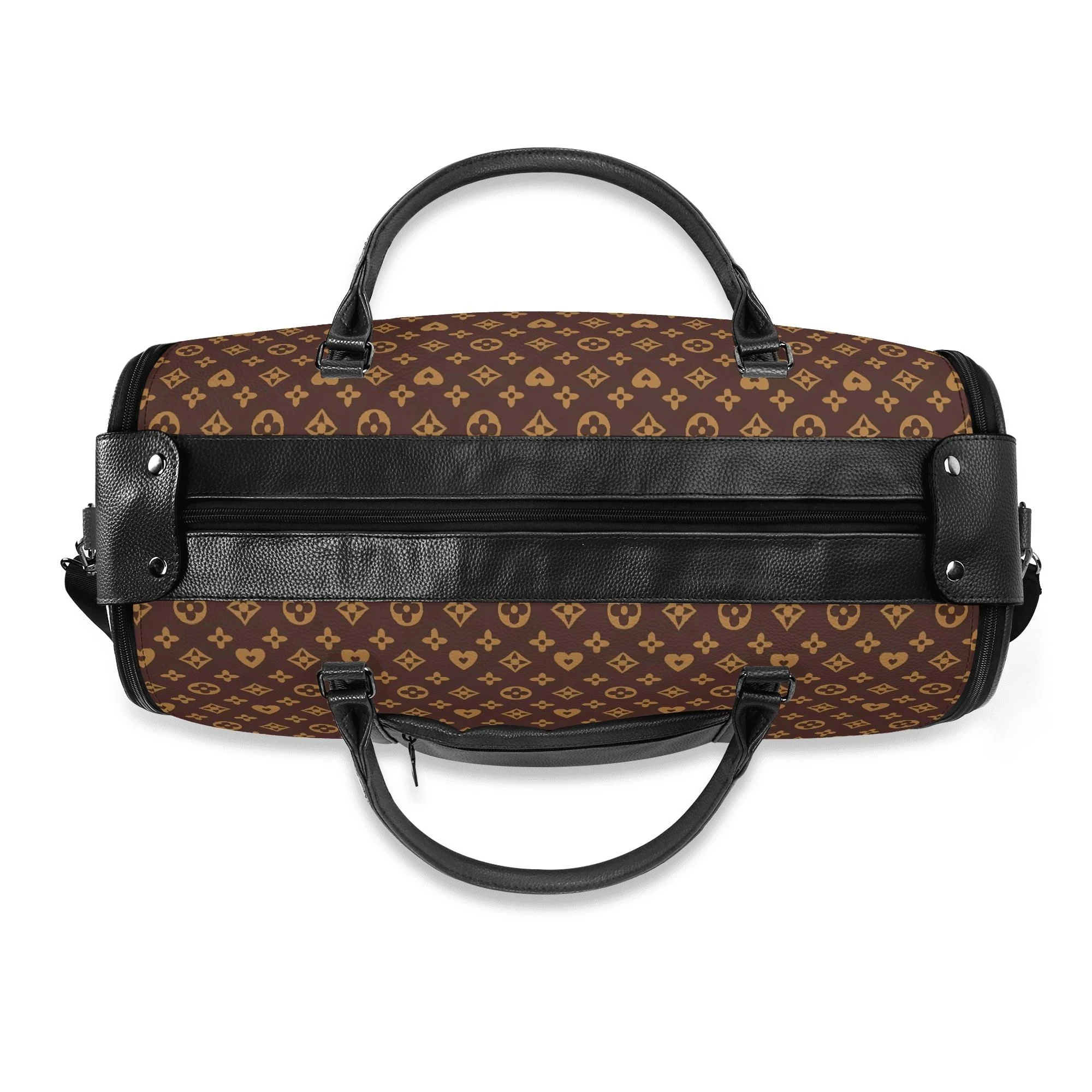 Bolso de viaje plegable en piel PU con estampado floral en marrón y dorado, mostrando compartimentos internos y cremalleras metálicas.