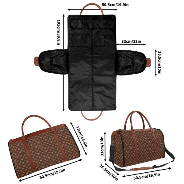Bolso de viaje plegable en piel PU con estampado floral en marrón y dorado, mostrando compartimentos internos y cremalleras metálicas.