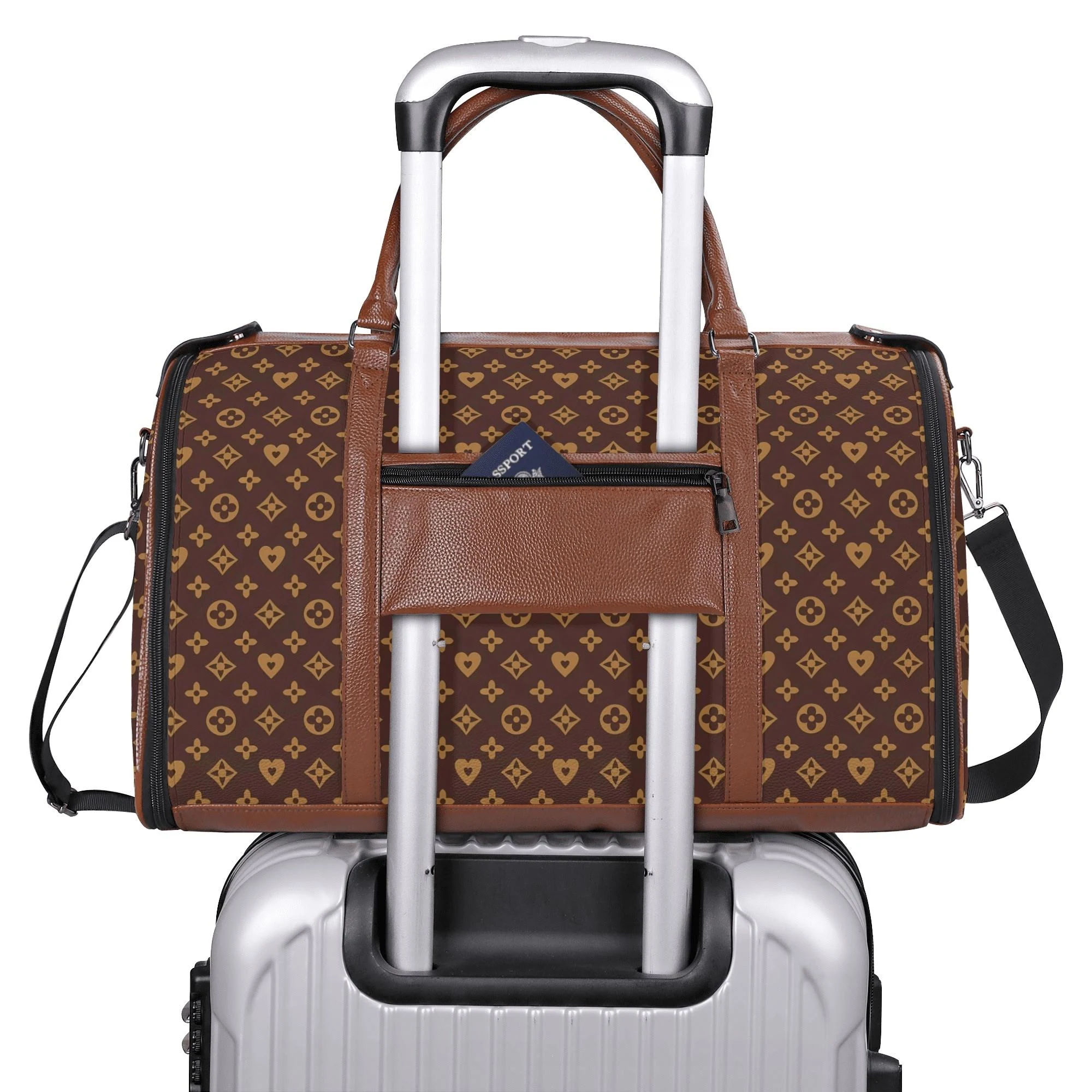 Bolso de viaje plegable en piel PU con estampado floral en marrón y dorado, mostrando compartimentos internos y cremalleras metálicas.