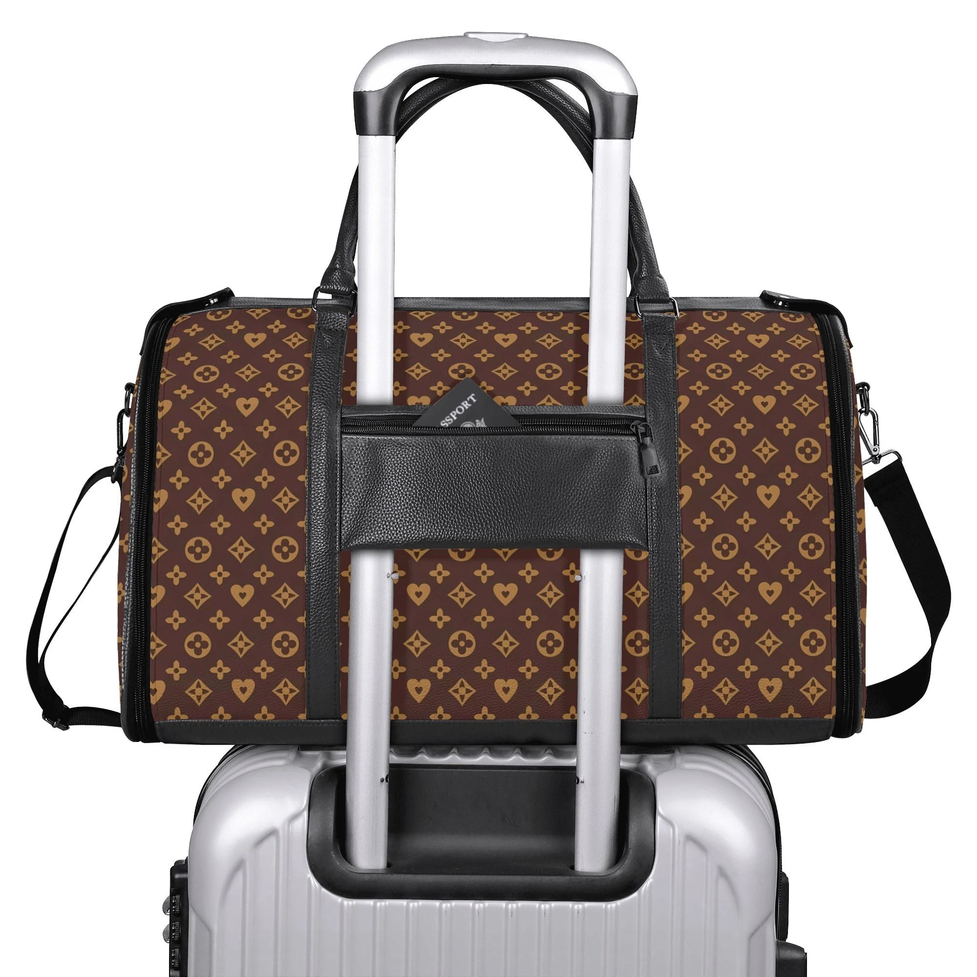Bolso de viaje plegable en piel PU con estampado floral en marrón y dorado, mostrando compartimentos internos y cremalleras metálicas.