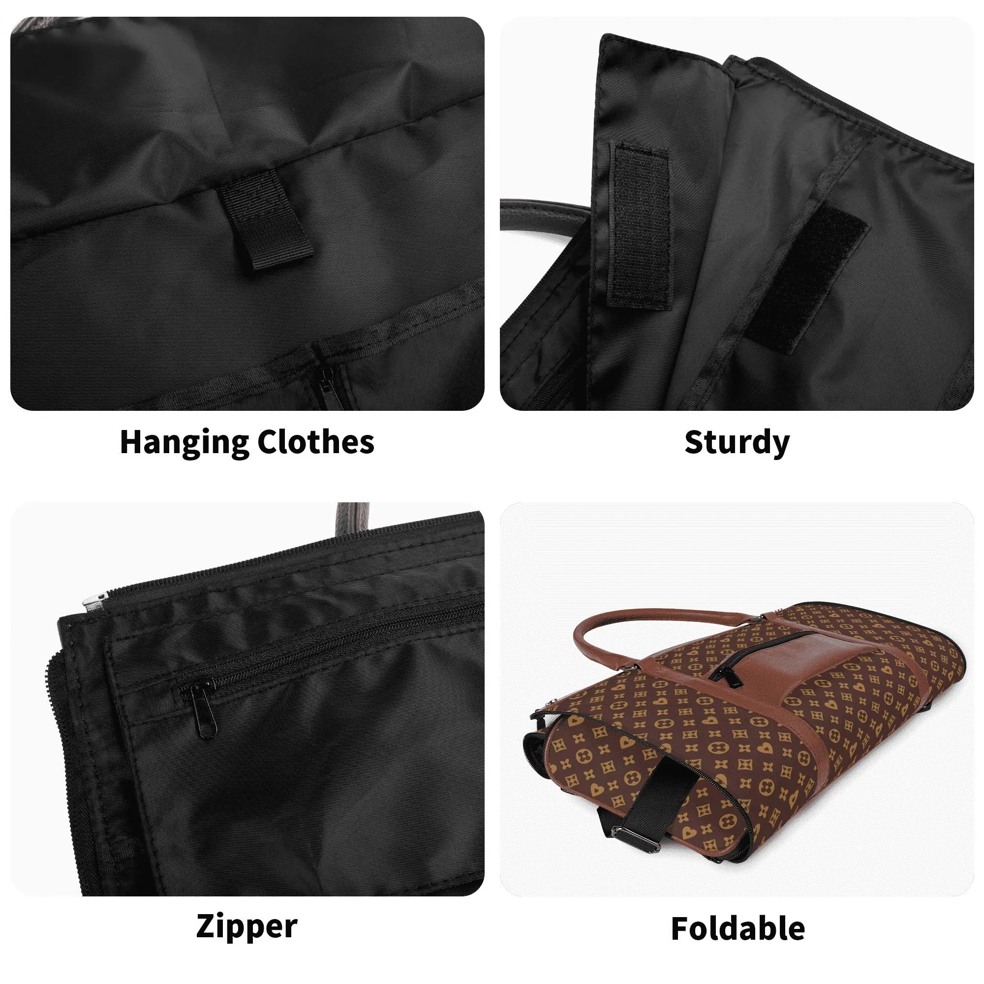 Bolso de viaje plegable en piel PU con estampado floral en marrón y dorado, mostrando compartimentos internos y cremalleras metálicas.