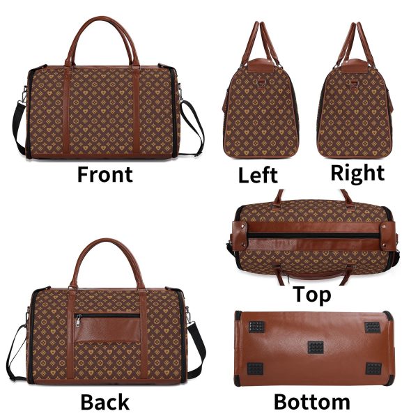 Bolso de viaje plegable en piel PU con estampado floral en marrón y dorado, mostrando compartimentos internos y cremalleras metálicas.