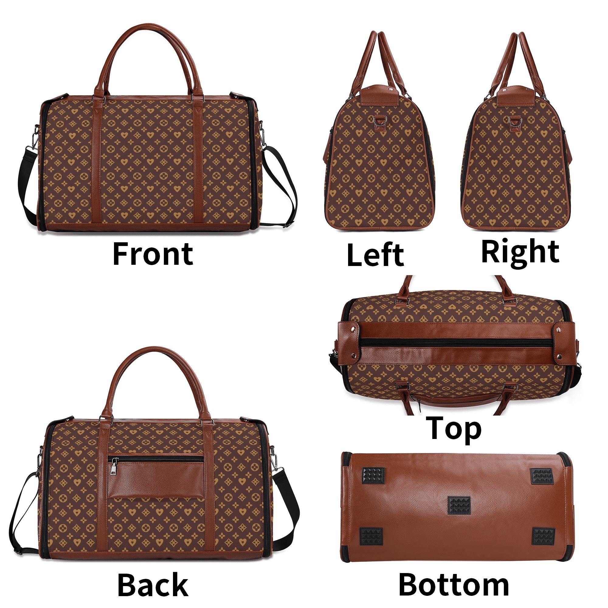 Bolso de viaje plegable en piel PU con estampado floral en marrón y dorado, mostrando compartimentos internos y cremalleras metálicas.