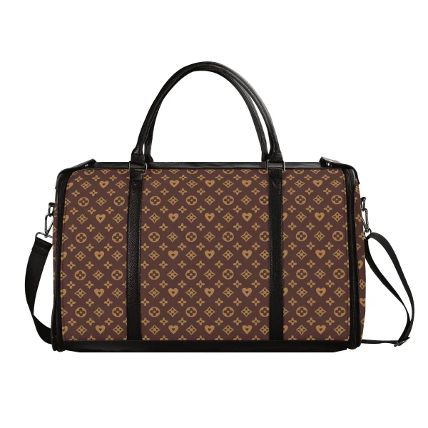 Bolso de viaje plegable en piel PU con estampado floral en marrón y dorado, mostrando compartimentos internos y cremalleras metálicas.