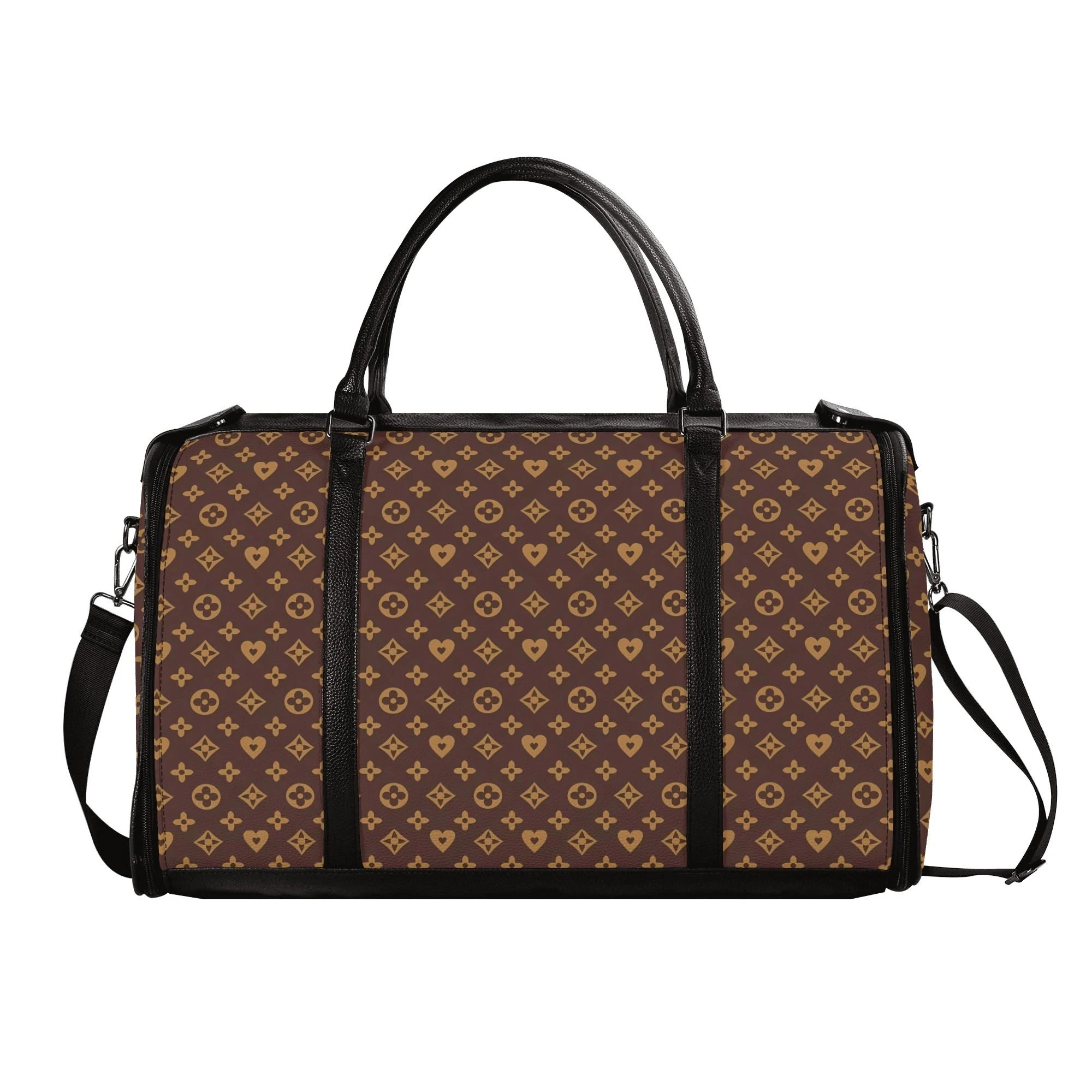 Bolso de viaje plegable en piel PU con estampado floral en marrón y dorado, mostrando compartimentos internos y cremalleras metálicas.