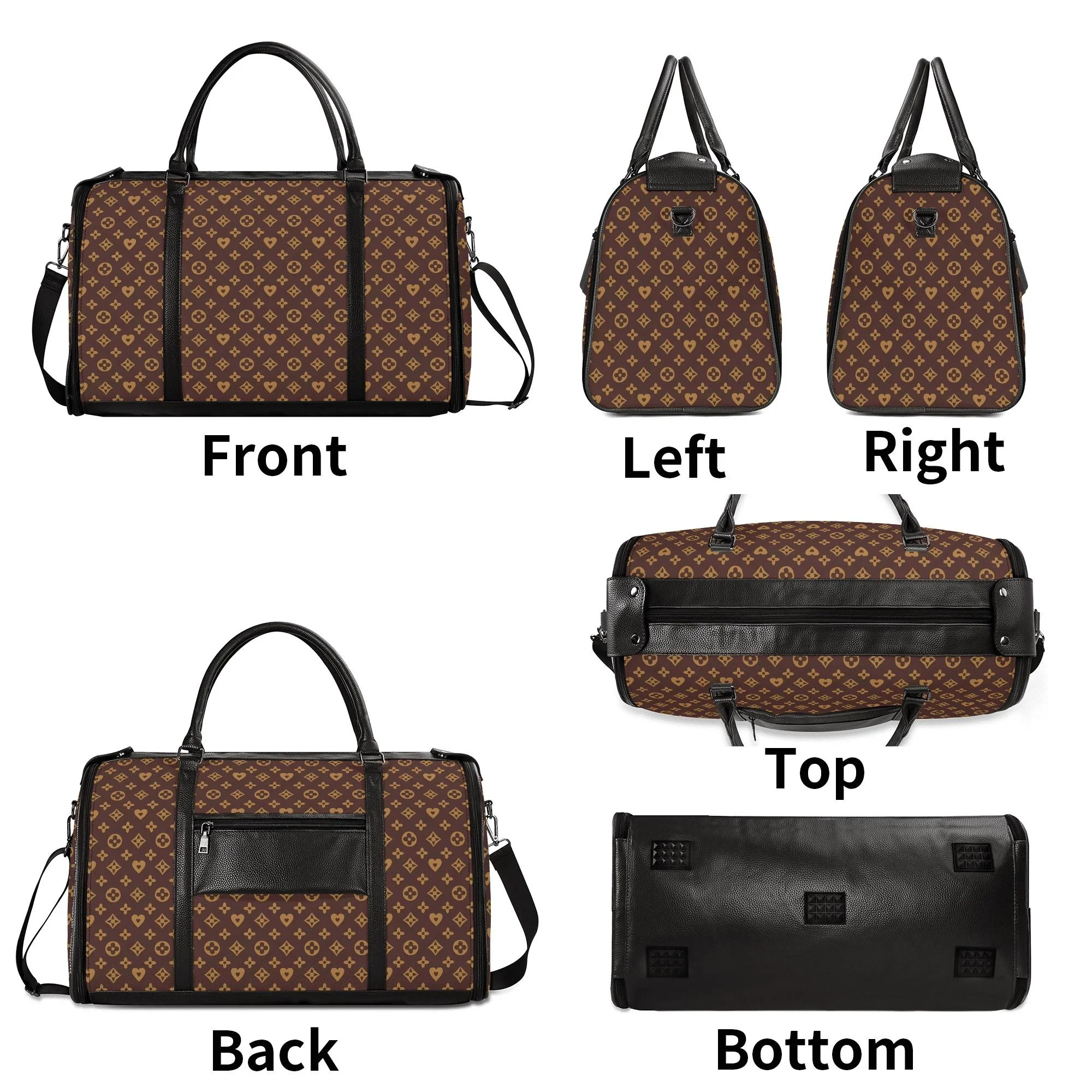 Bolso de viaje plegable en piel PU con estampado floral en marrón y dorado, mostrando compartimentos internos y cremalleras metálicas.