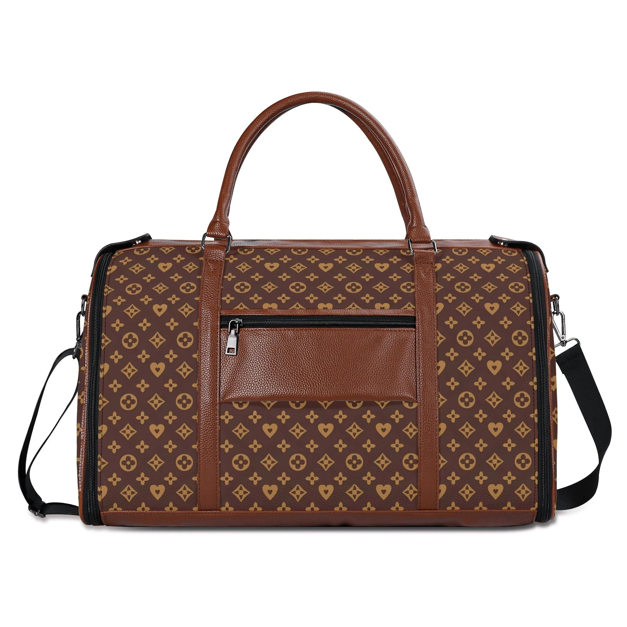 Bolso de viaje plegable en piel PU con estampado floral en marrón y dorado, mostrando compartimentos internos y cremalleras metálicas.