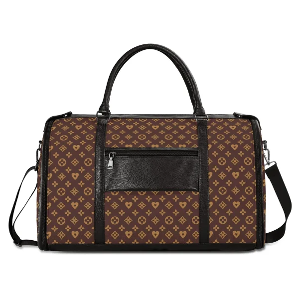 Bolso de viaje plegable en piel PU con estampado floral en marrón y dorado, mostrando compartimentos internos y cremalleras metálicas.