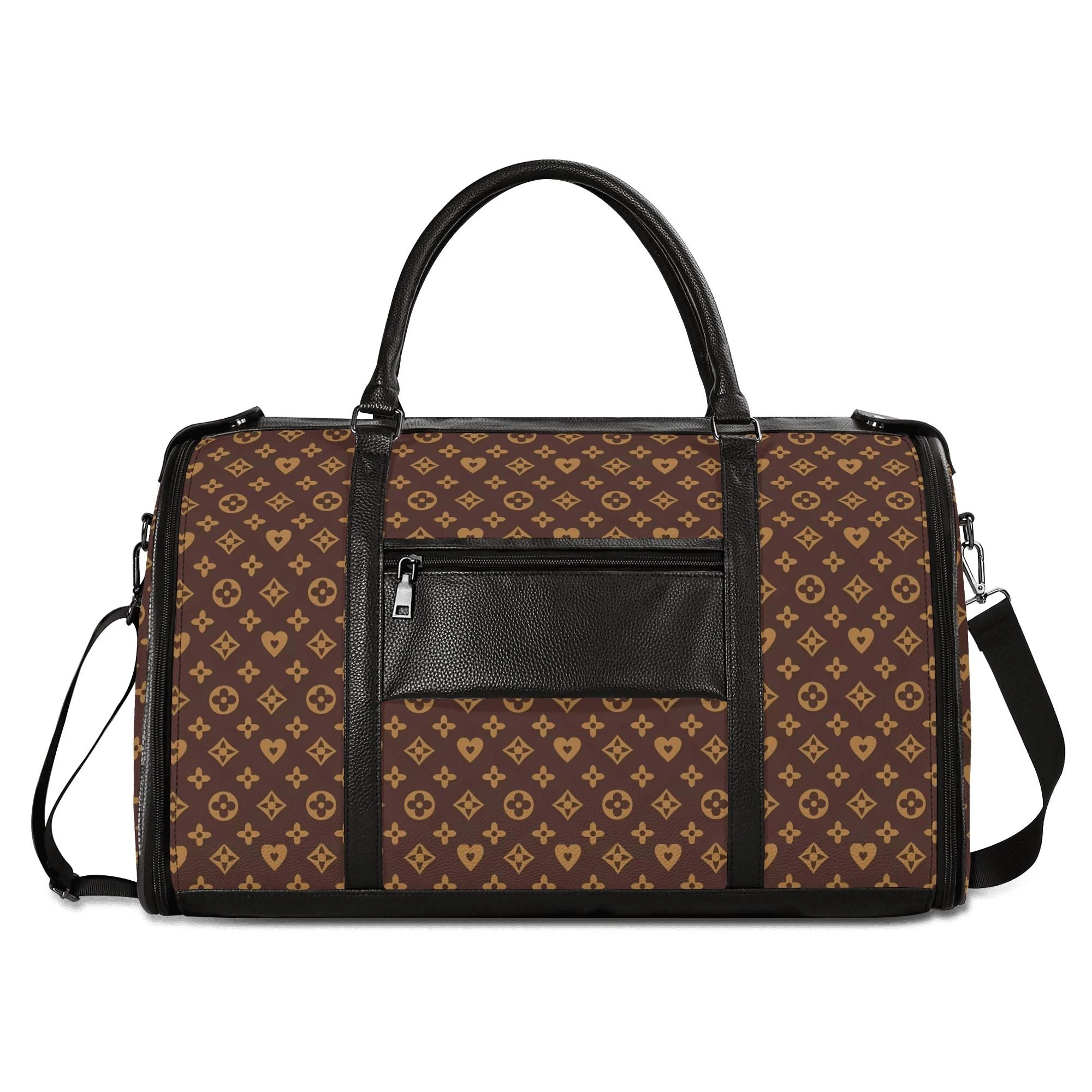 Bolso de viaje plegable en piel PU con estampado floral en marrón y dorado, mostrando compartimentos internos y cremalleras metálicas.