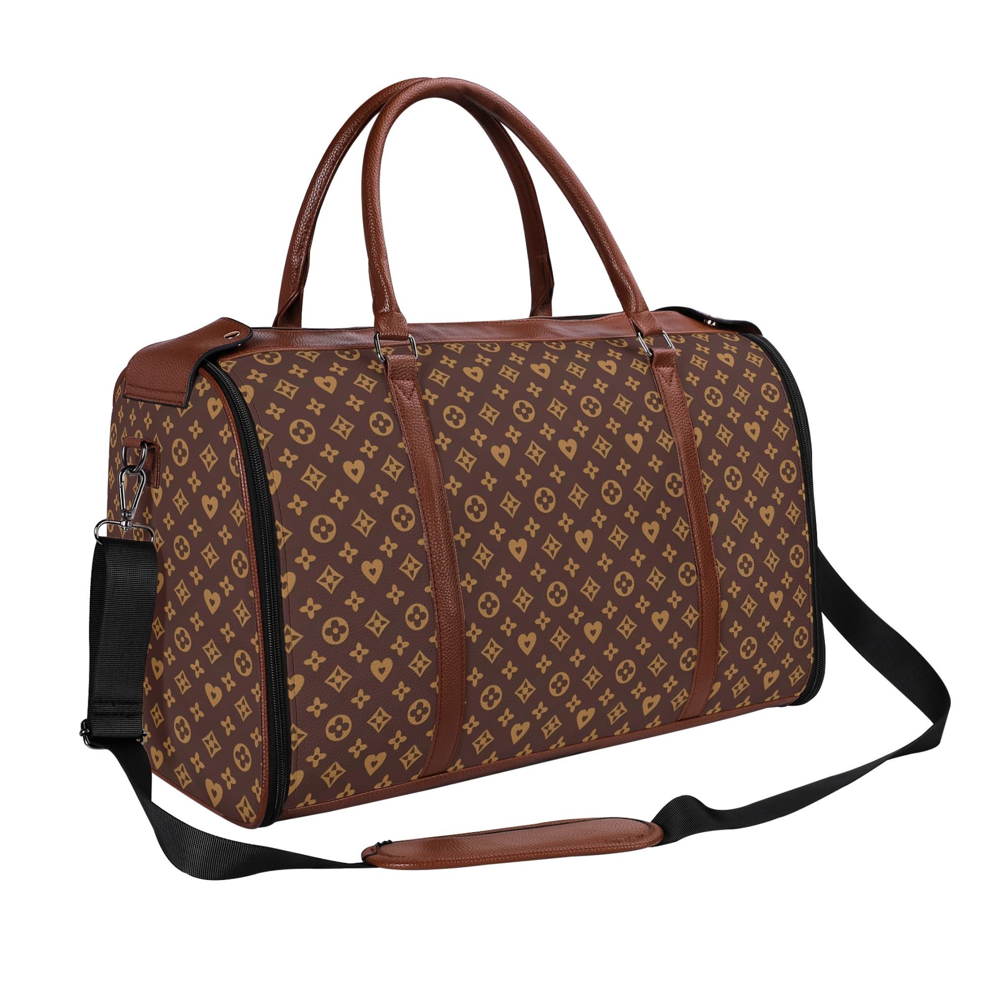 Bolso de viaje plegable en piel PU con estampado floral en marrón y dorado, mostrando compartimentos internos y cremalleras metálicas.