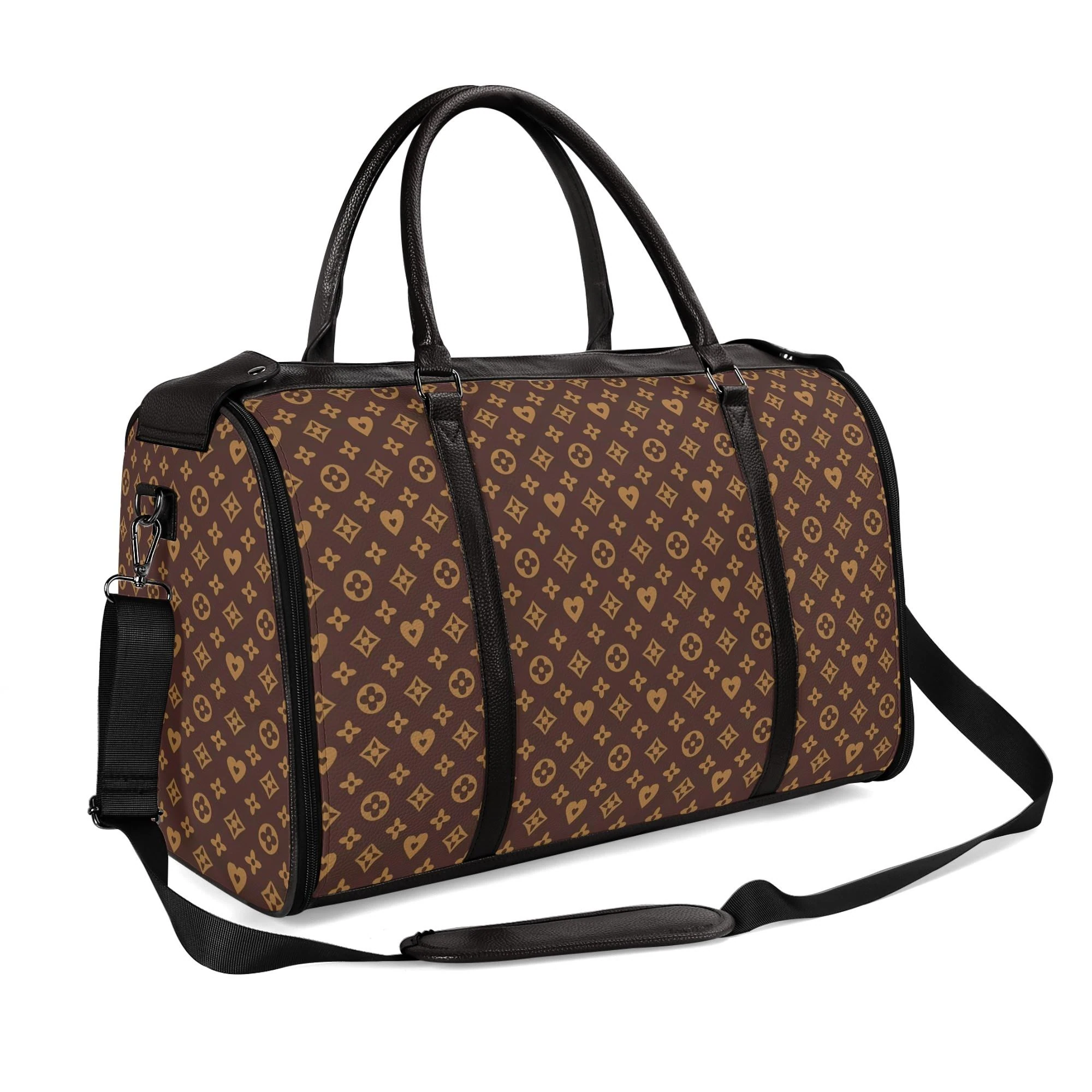 Bolso de viaje plegable en piel PU con estampado floral en marrón y dorado, mostrando compartimentos internos y cremalleras metálicas.