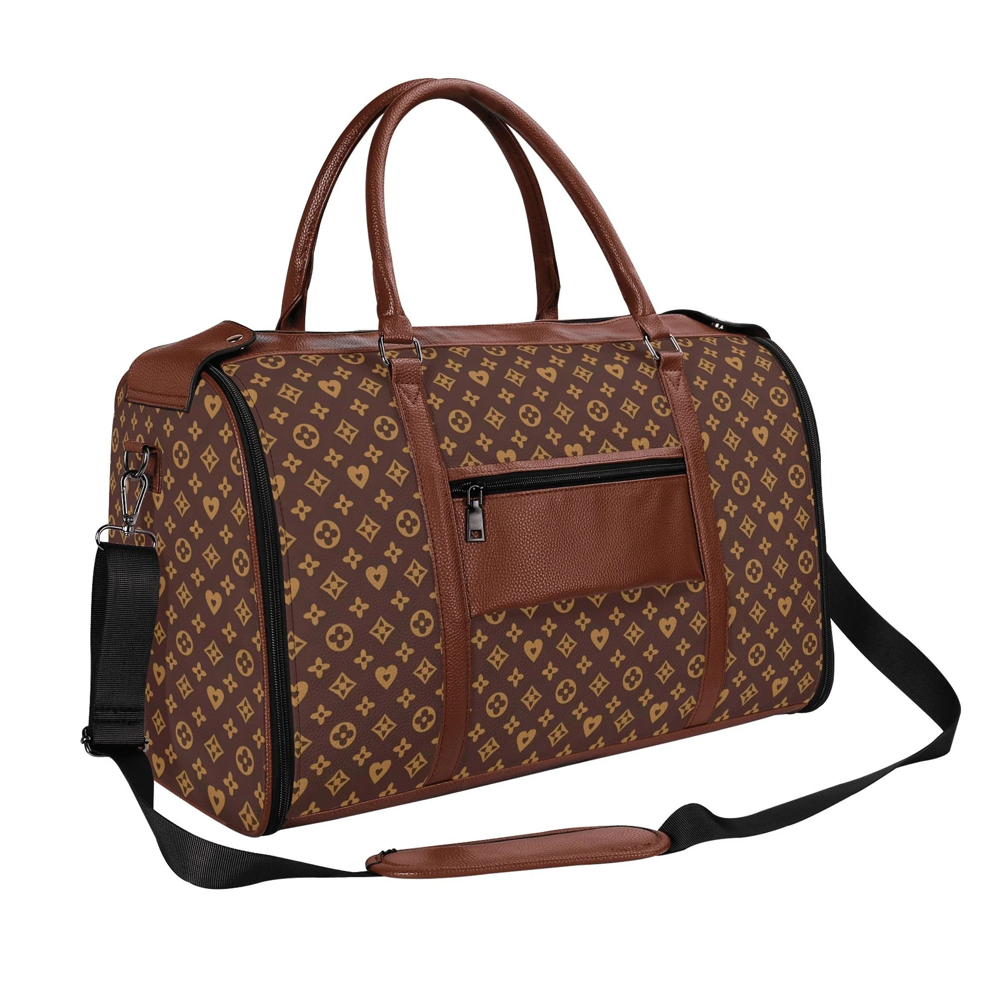 Bolso de viaje plegable en piel PU con estampado floral en marrón y dorado, mostrando compartimentos internos y cremalleras metálicas.