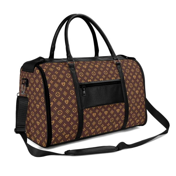 Bolso de viaje plegable en piel PU con estampado floral en marrón y dorado, mostrando compartimentos internos y cremalleras metálicas.