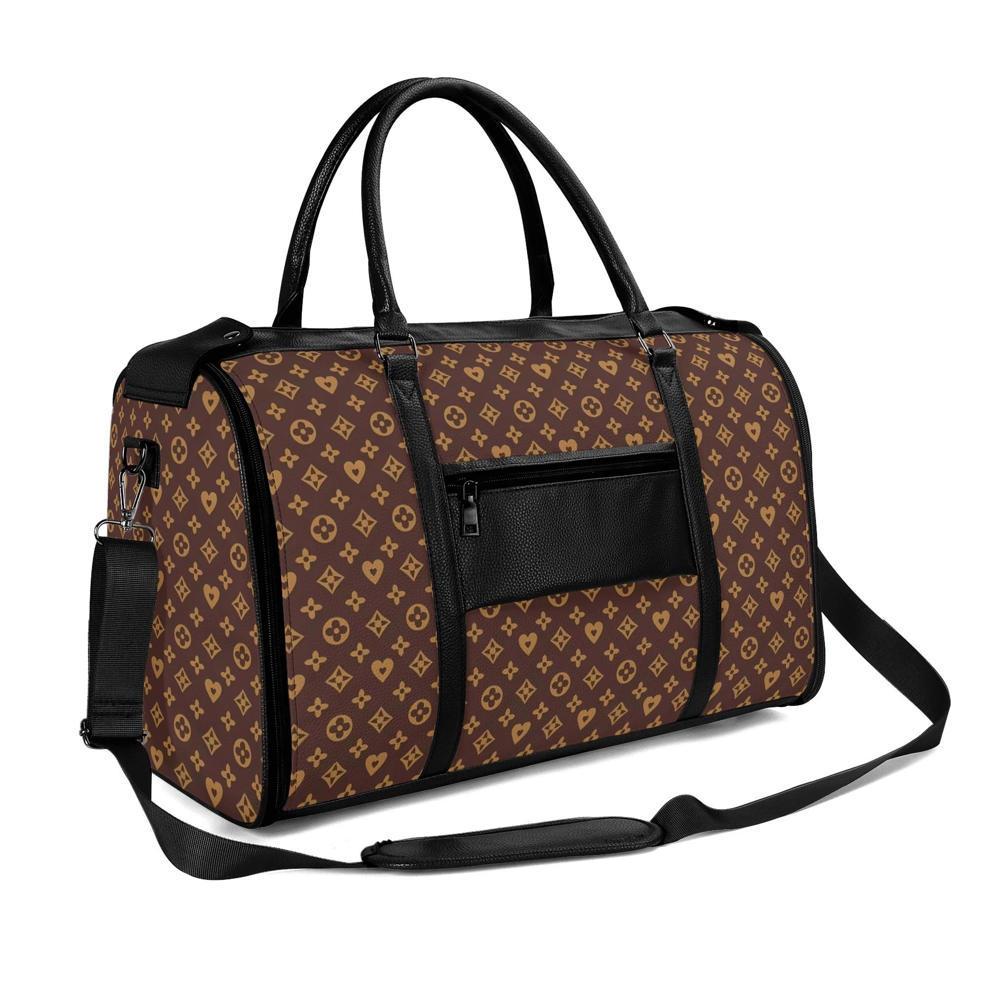 Bolso de viaje plegable en piel PU con estampado floral en marrón y dorado, mostrando compartimentos internos y cremalleras metálicas.