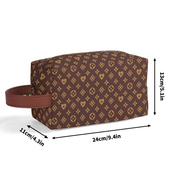 Neceser de viaje en piel PU con estampado floral marrón y dorado, mostrando compartimentos internos y cremallera suave.