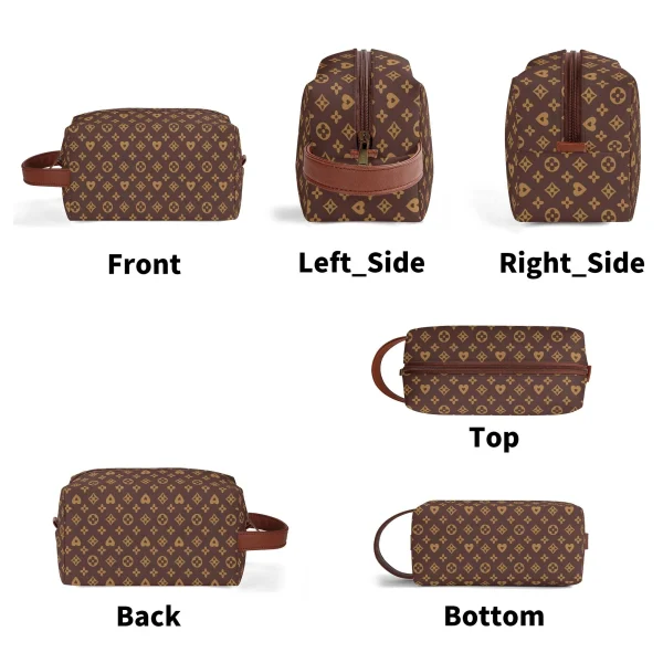 Neceser de viaje en piel PU con estampado floral marrón y dorado, mostrando compartimentos internos y cremallera suave.