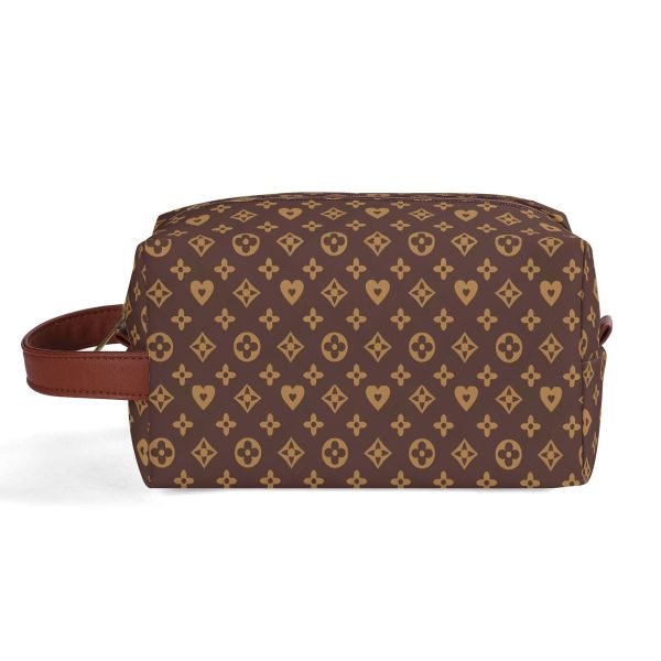Neceser de viaje en piel PU con estampado floral marrón y dorado, mostrando compartimentos internos y cremallera suave.