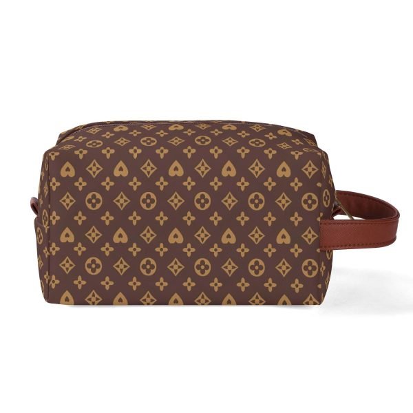 Neceser de viaje en piel PU con estampado floral marrón y dorado, mostrando compartimentos internos y cremallera suave.