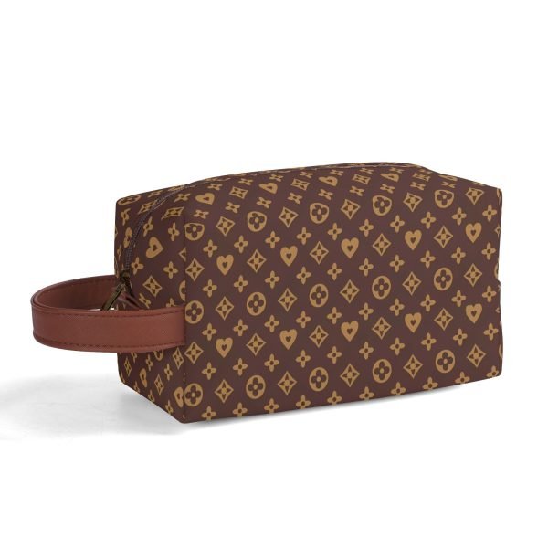 Neceser de viaje en piel PU con estampado floral marrón y dorado, mostrando compartimentos internos y cremallera suave.