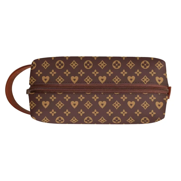 Neceser de viaje en piel PU con estampado floral marrón y dorado, mostrando compartimentos internos y cremallera suave.