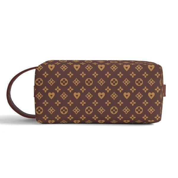 Neceser de viaje en piel PU con estampado floral marrón y dorado, mostrando compartimentos internos y cremallera suave.